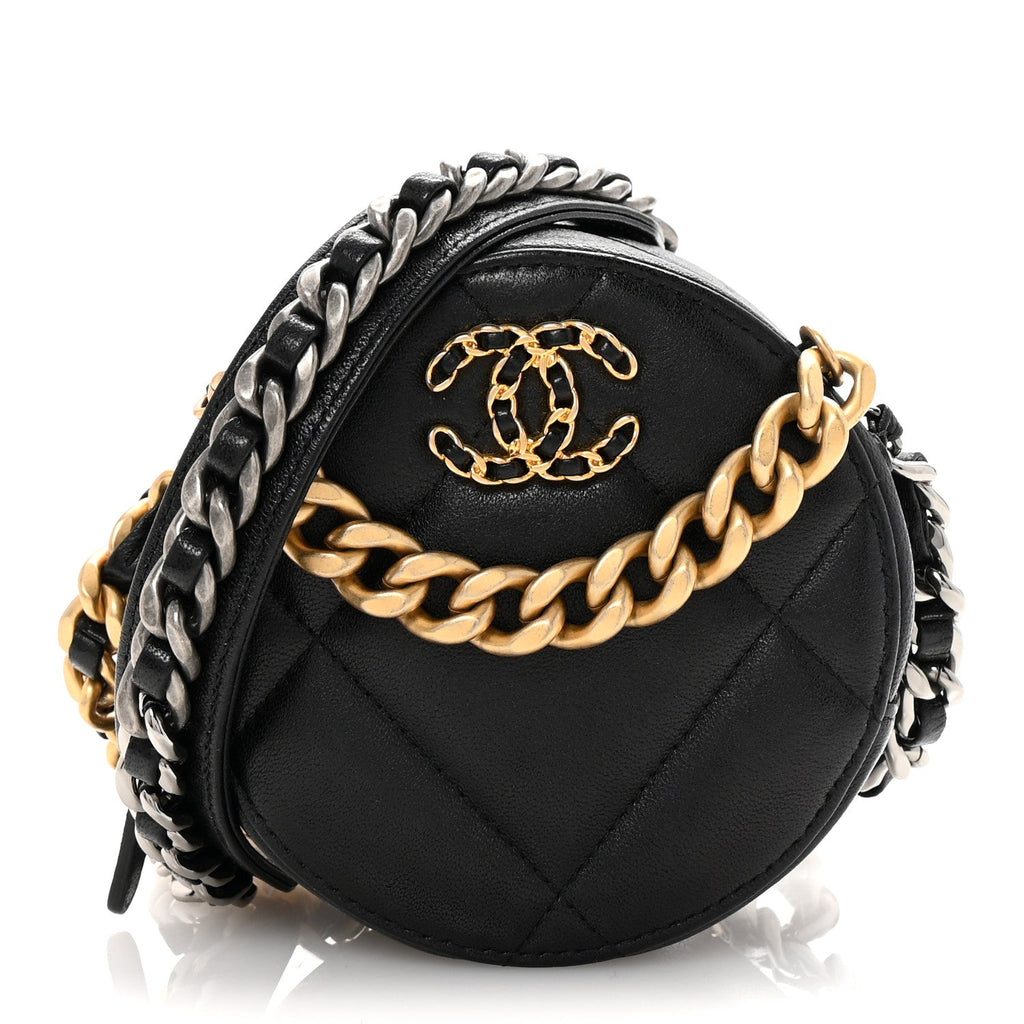 Shiny Goatskin Quilted Chanel 19 Round Clutch With Chain Black
