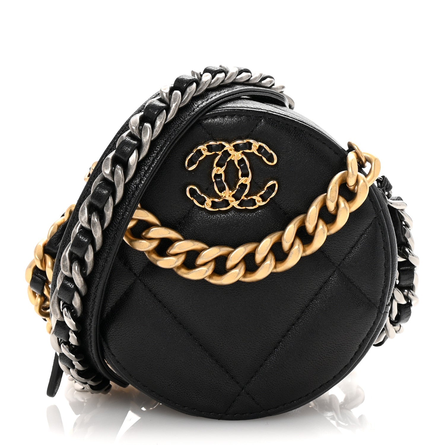 Shiny Goatskin Quilted Chanel 19 Round Clutch With Chain Black