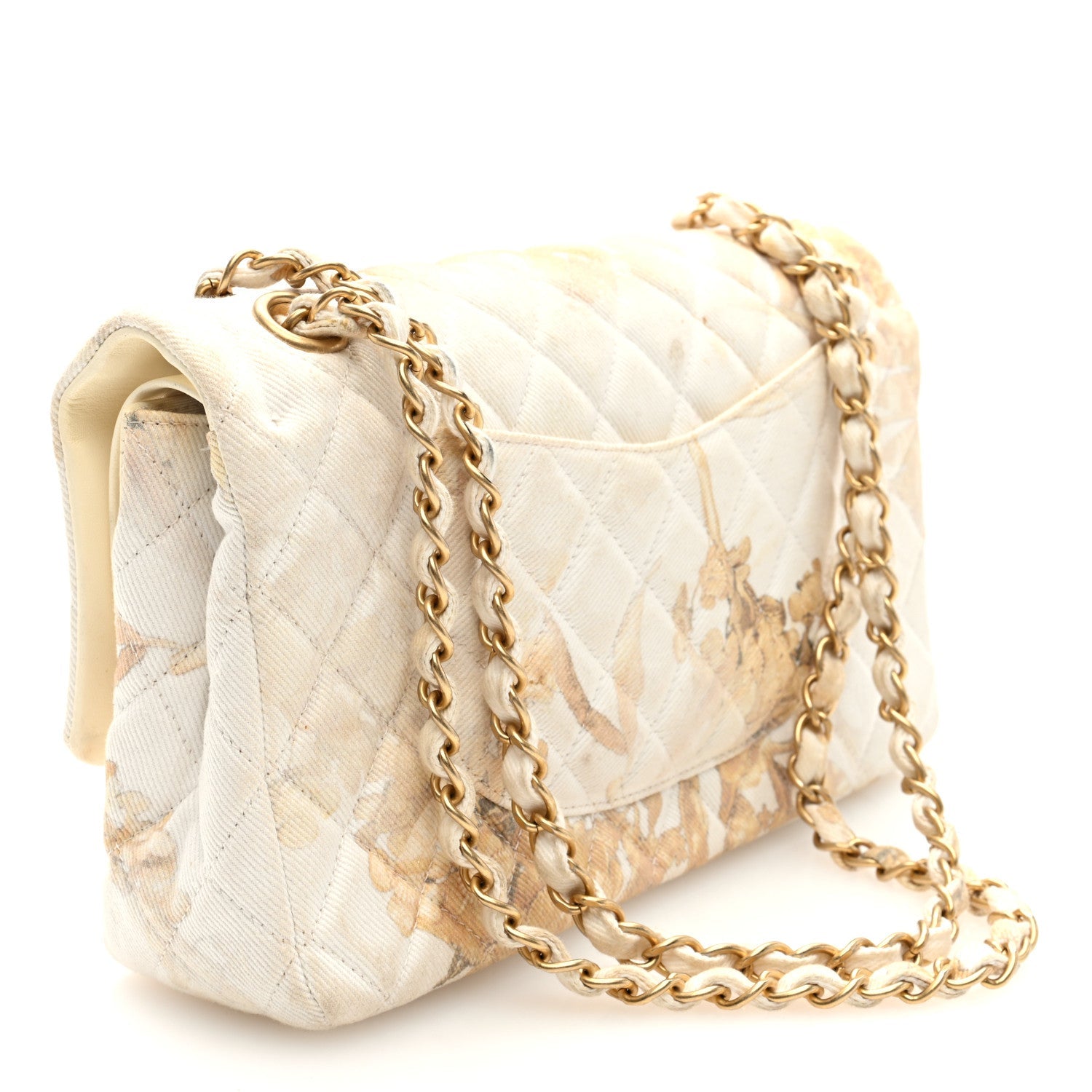 Denim Floral Printed Medium Double Flap Beige