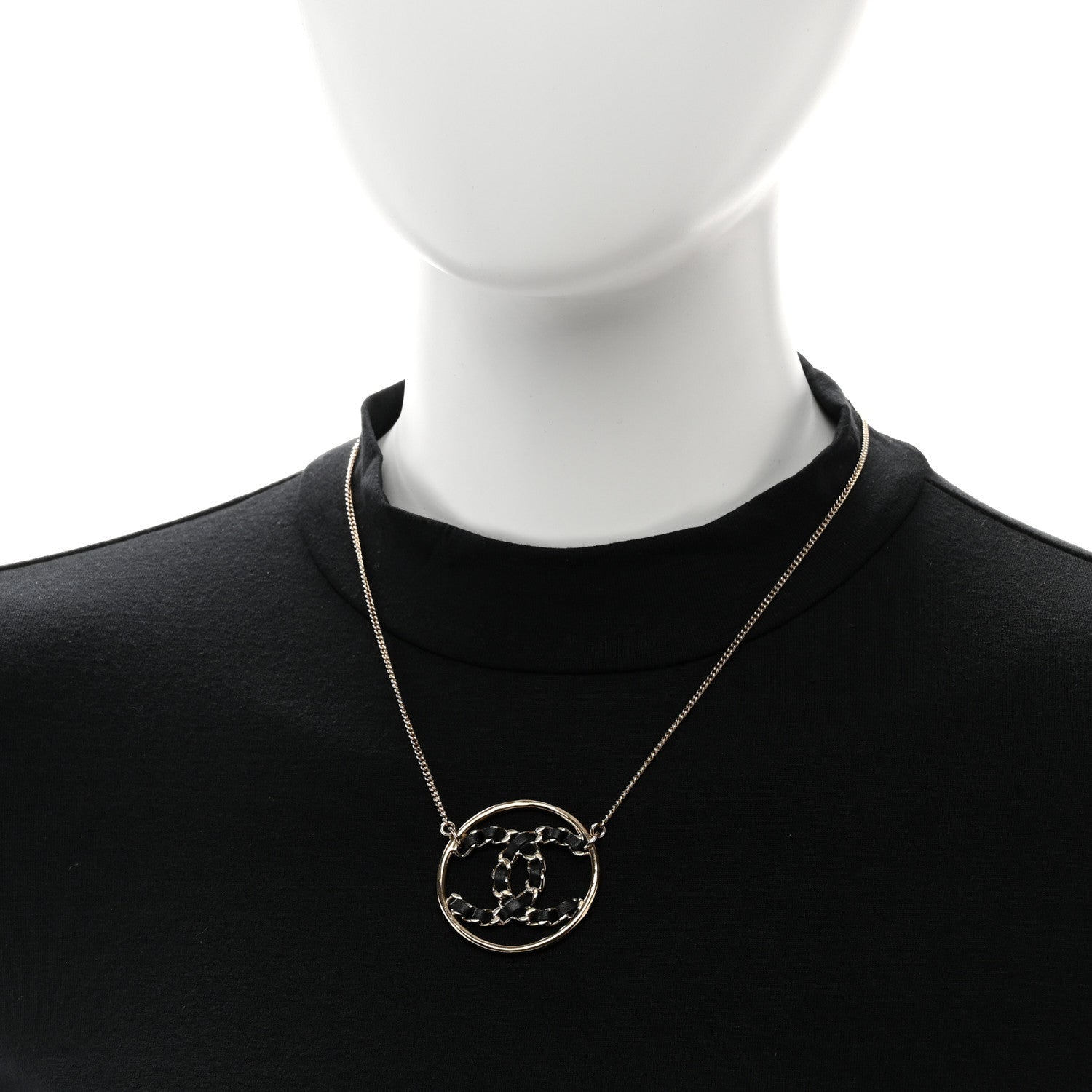 Lambskin CC Round Pendant Necklace Gold