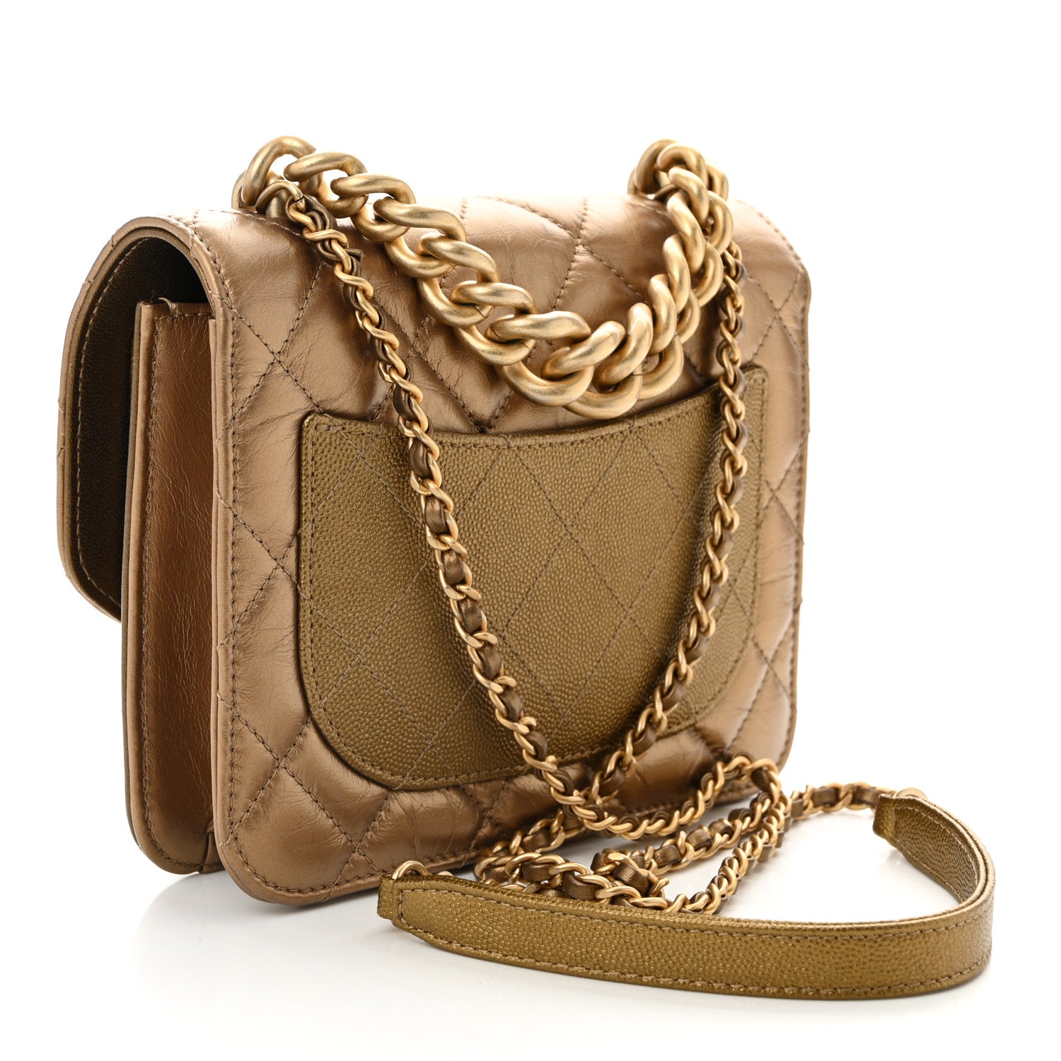 Metallic Calfskin Caviar Quilted Mini Chain Handle Flap Gold