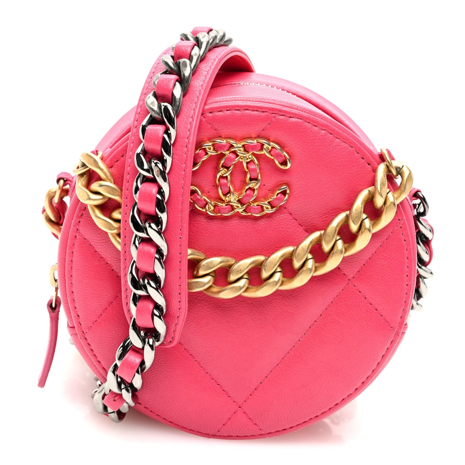 Goatskin Quilted Chanel 19 Round Clutch With Chain Dark Pink