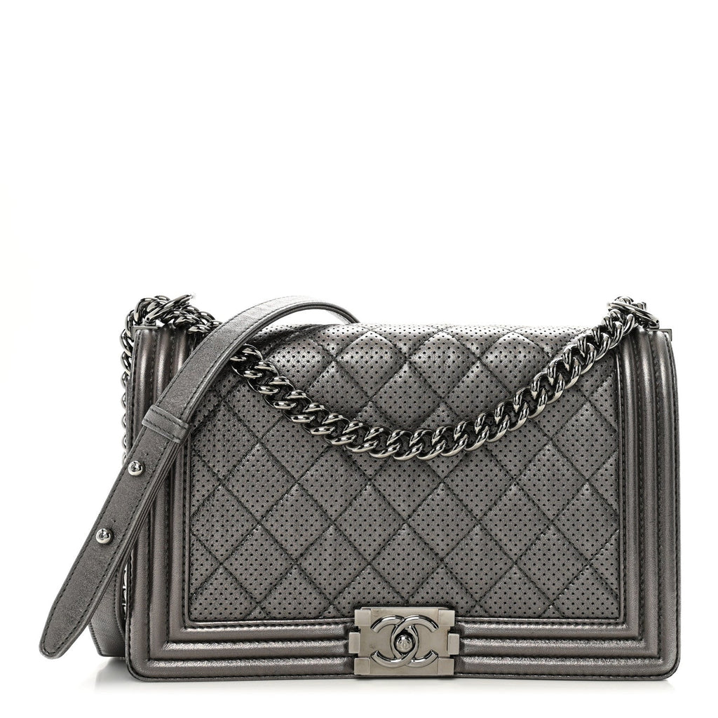 Metallic Lambskin Perforated New Medium Boy Flap Dark Silver