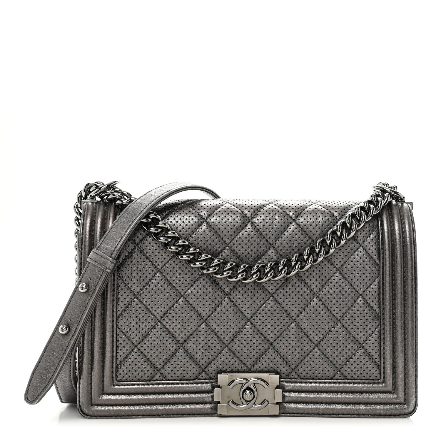 Metallic Lambskin Perforated New Medium Boy Flap Dark Silver
