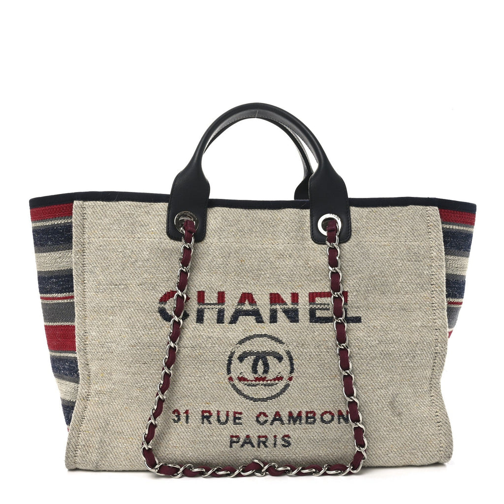 Striped Canvas Medium Deauville Tote Beige