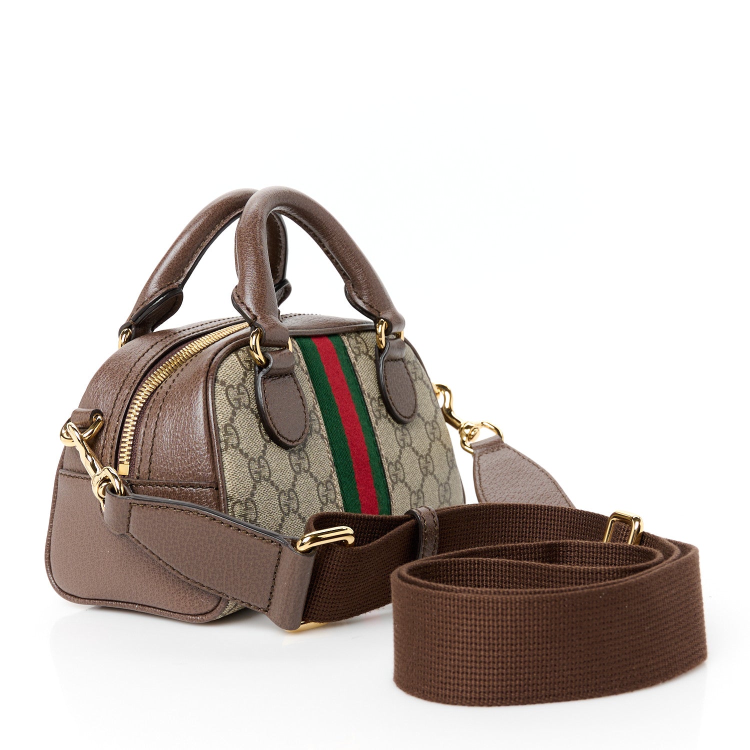 GG Supreme Monogram Textured Dollar Calfskin Web Mini Ophidia Top Handle Bowler Bag Beige Ebony New Acero