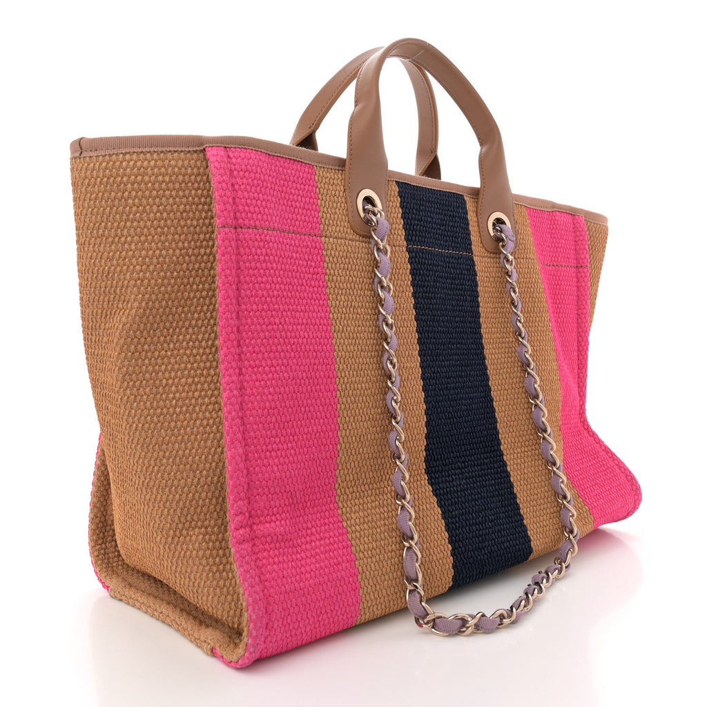 Straw Raffia Calfskin Striped Medium Deauville Tote Dark Beige Fuchsia Navy Blue