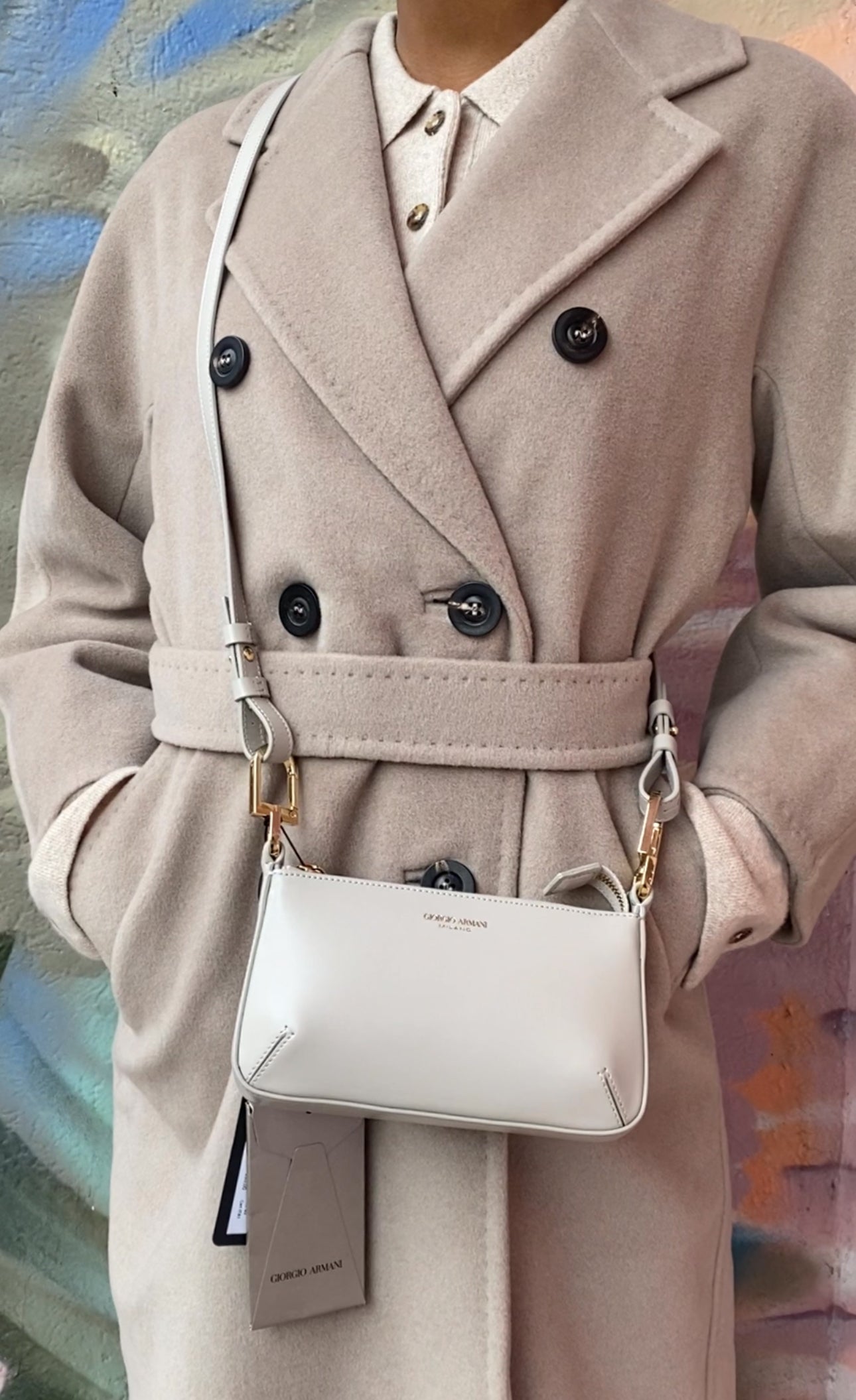 Giorgio Armani Prima Mini Stone Grey Leather Two Way Crossbody Bag