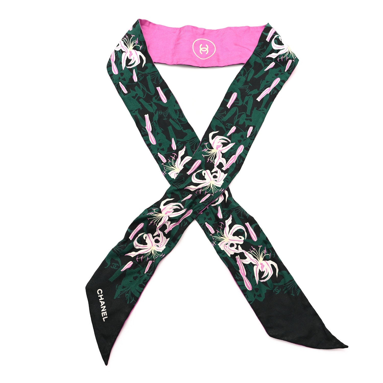 Silk CC Slim Bandeau Scarf Black Green Pink