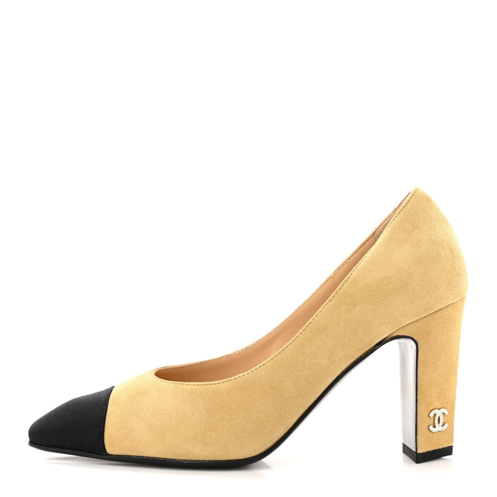 Suede Grosgrain Cap Toe CC Pumps 36 Beige Black