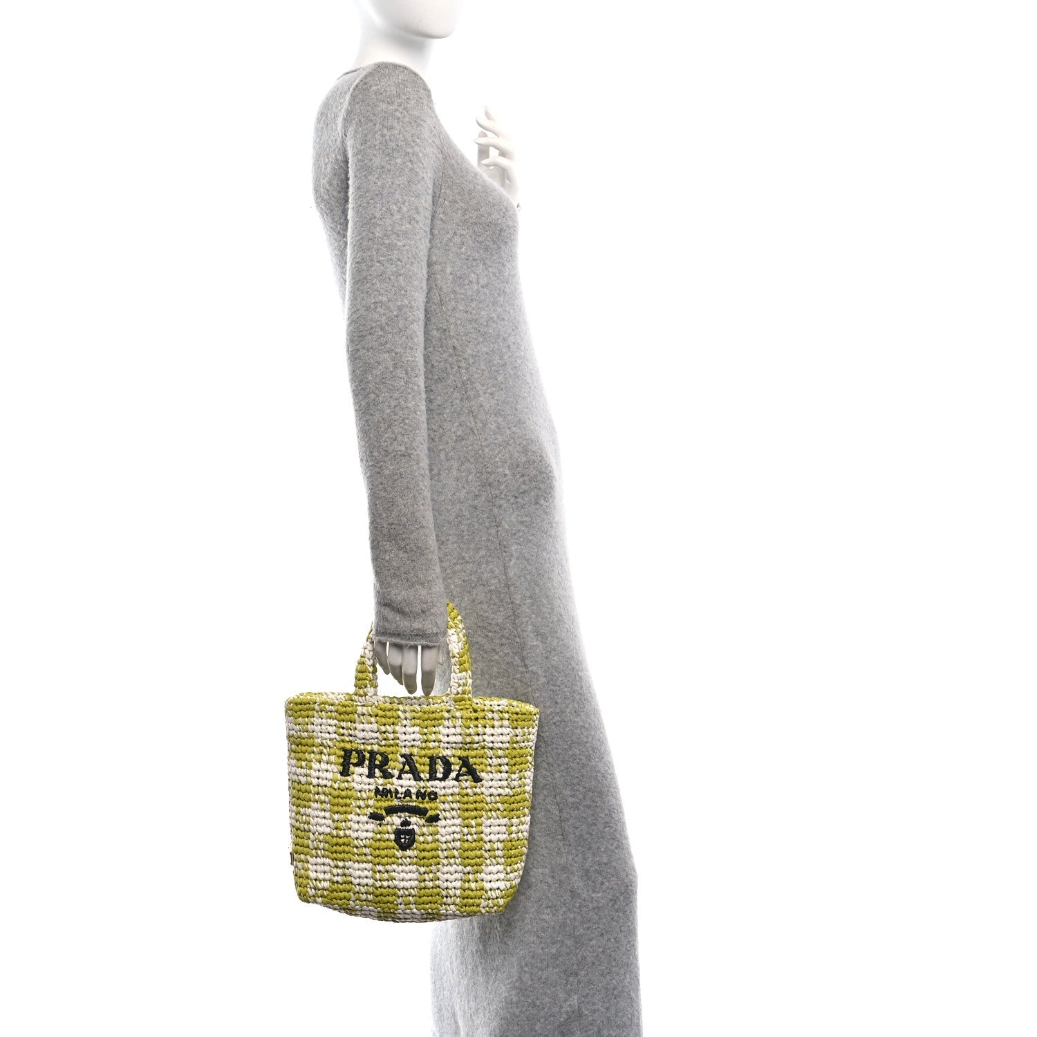 Yarn Raffia Effect Crochet Embroidered Small Logo Tote Citron Yellow
