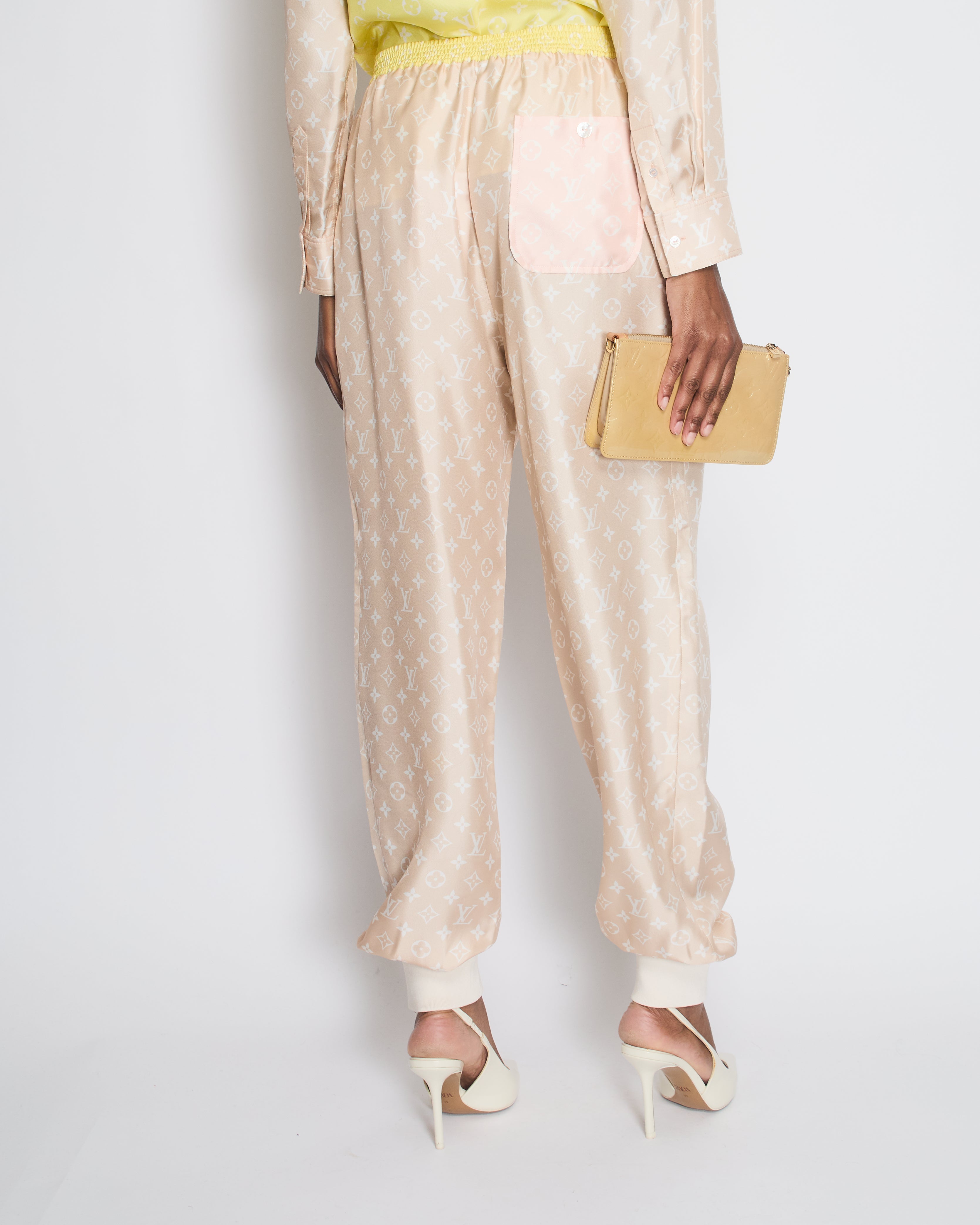 Louis Vuitton Beige Silk Monogram Joggers with Cuff Detail Size FR 40 (UK 12)