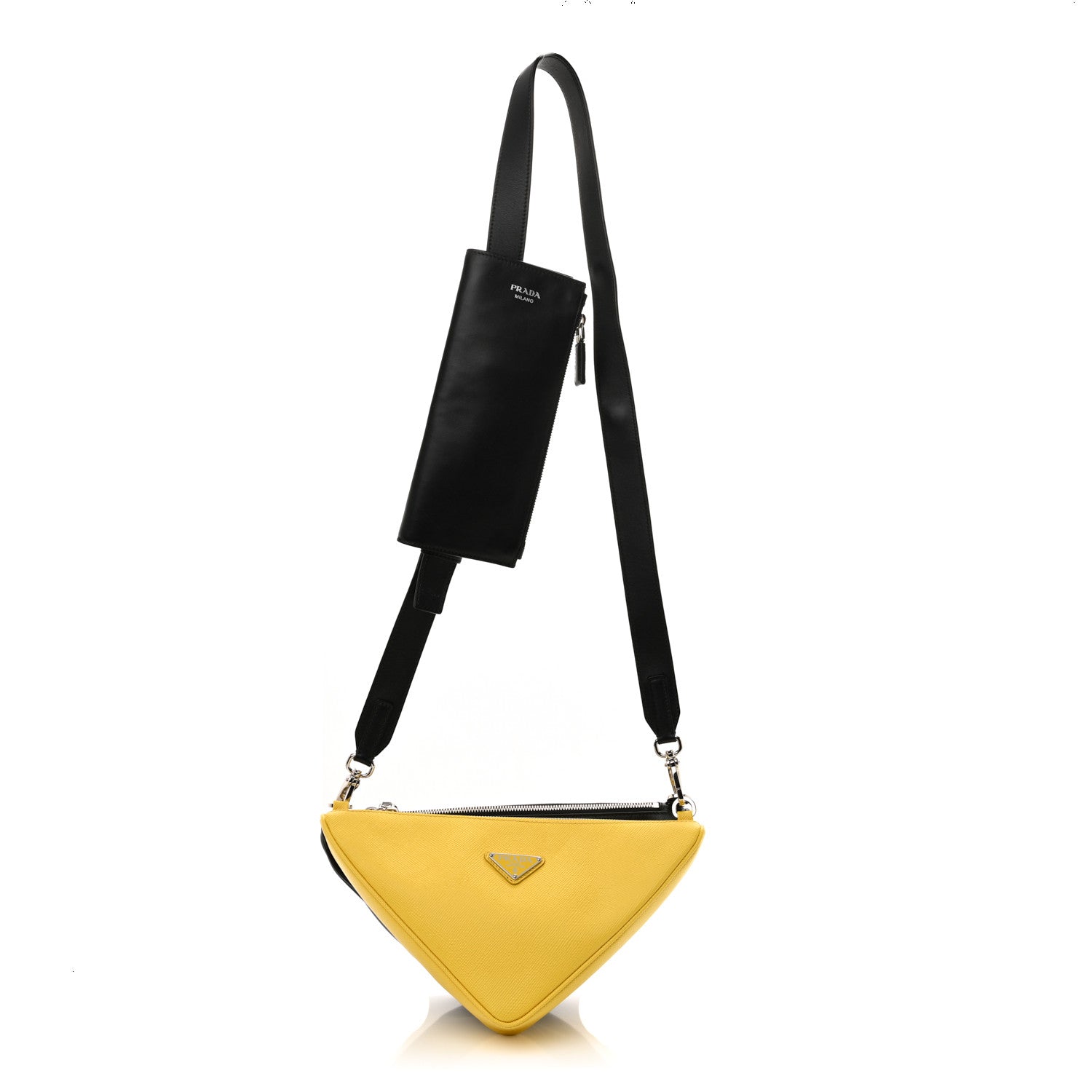 Vitello Saffiano Cuir Double Triangle Shoulder Bag Black Sole