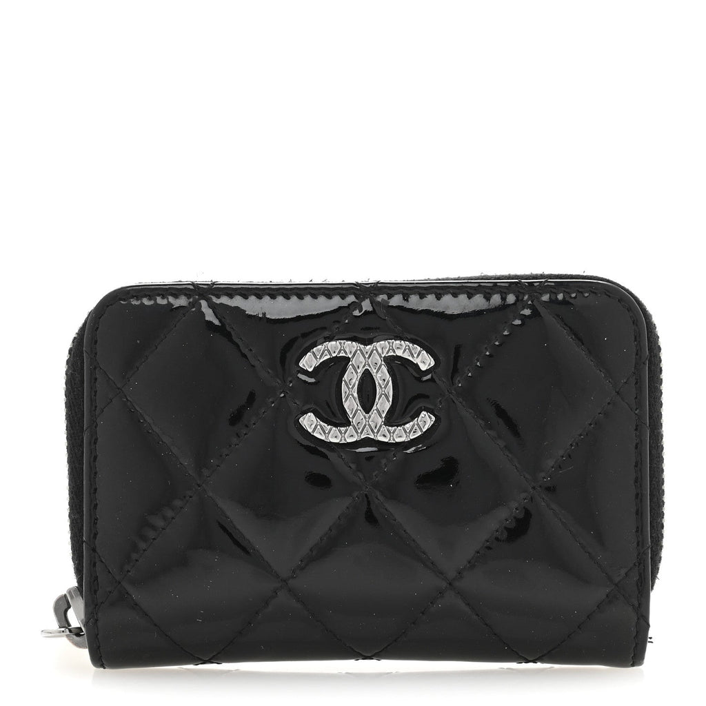 Patent Calfskin Quilted Brilliant Zip Coin Purse Wallet Black