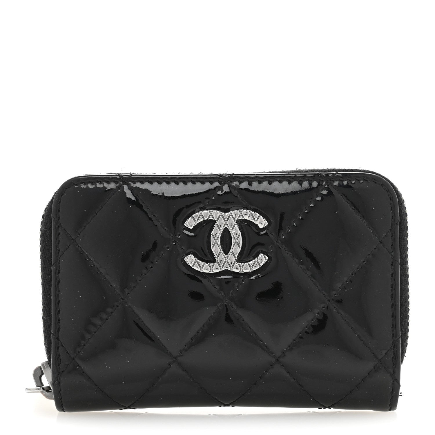 Patent Calfskin Quilted Brilliant Zip Coin Purse Wallet Black