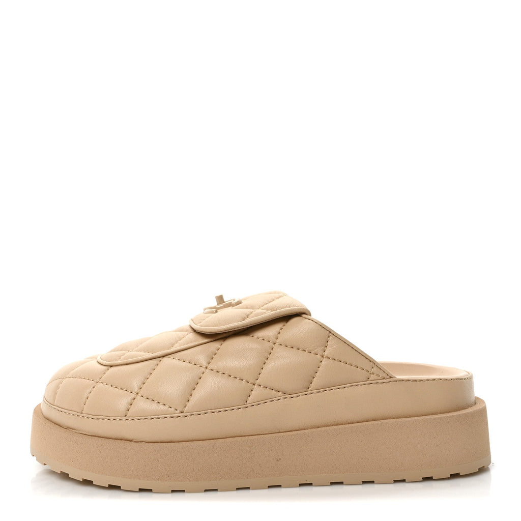 Lambskin Quilted CC Turnlock Mules  36 Beige