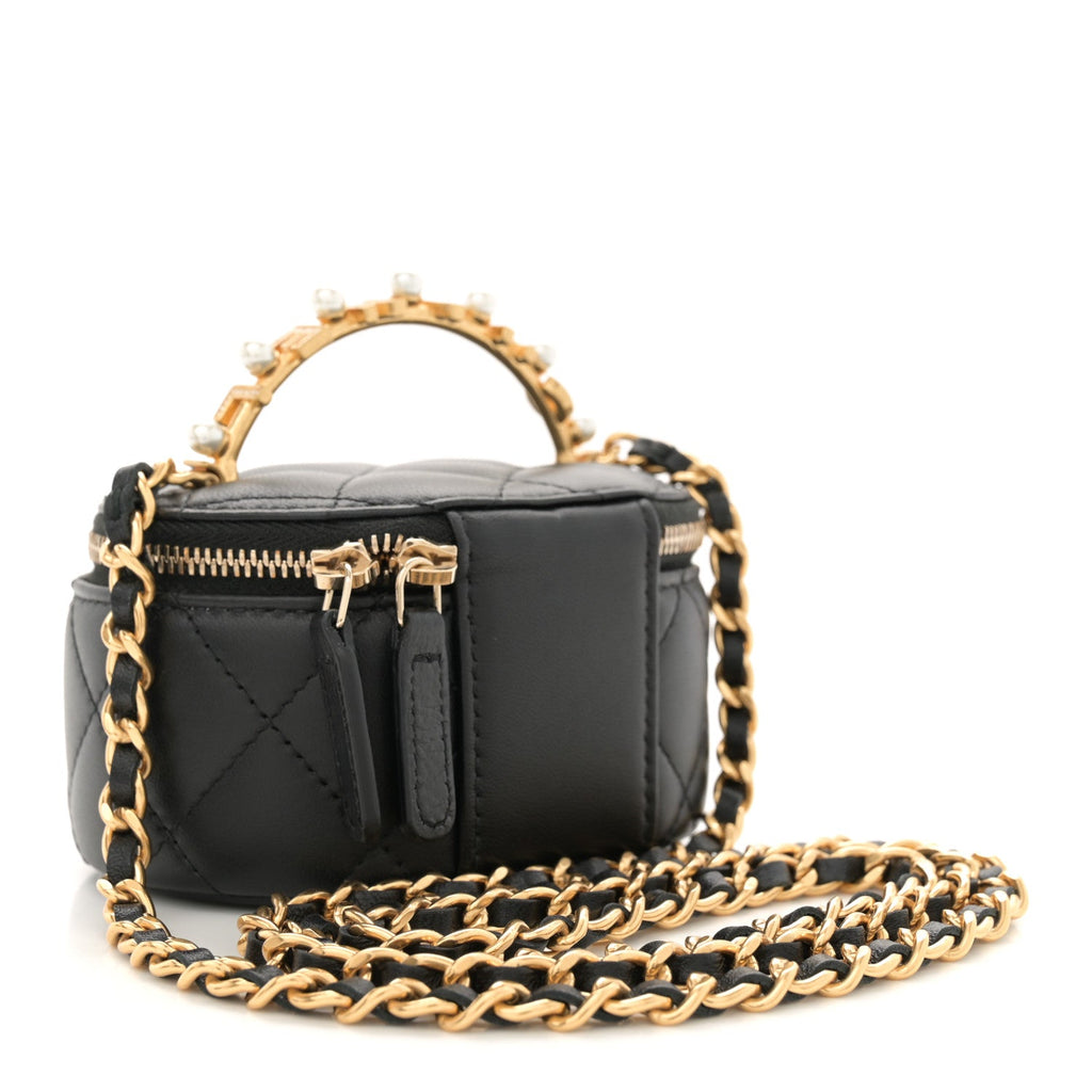 Lambskin Pearl Crystal Quilted Pearly Girl Top Handle Round Vanity Case With Chain Black