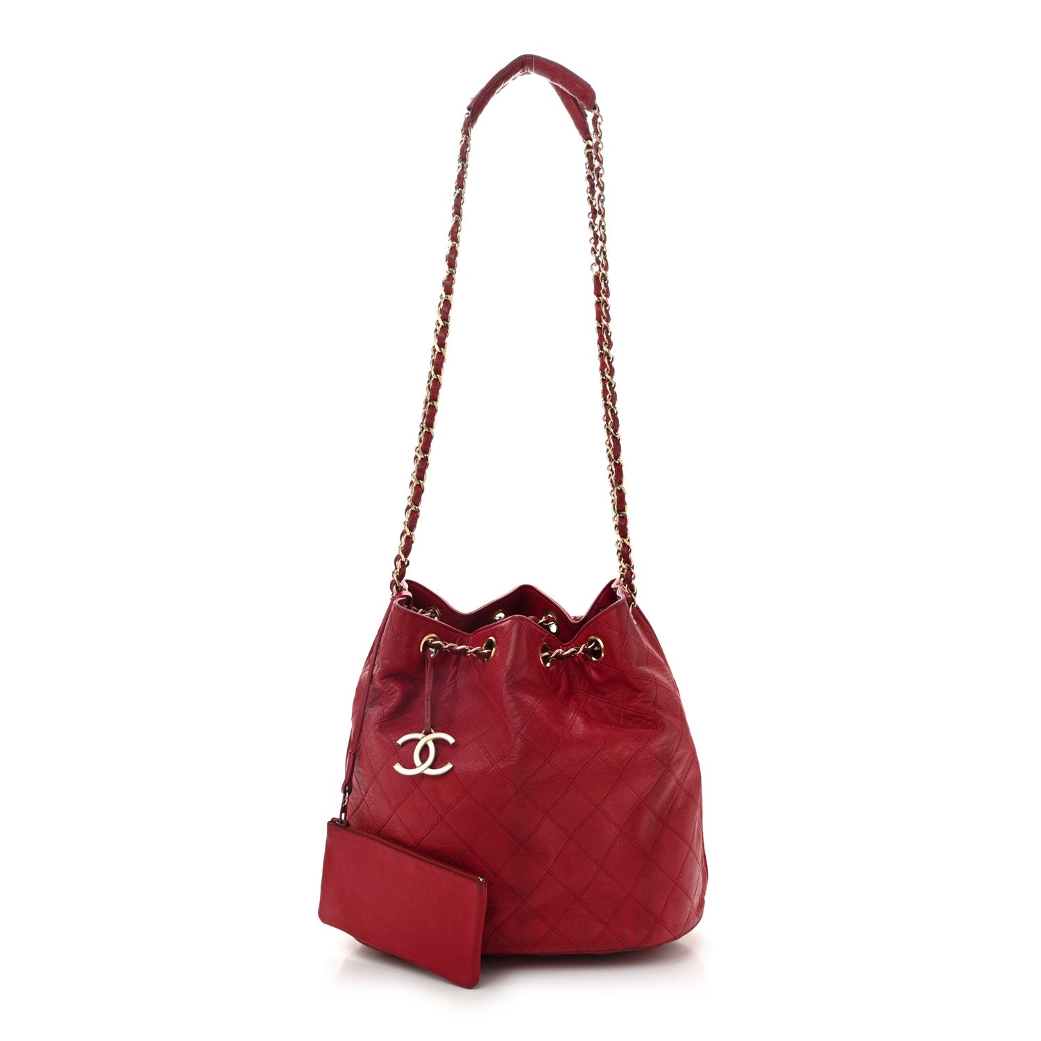 Lambskin Diamond Stitched CC Drawstring Shoulder Bag Red