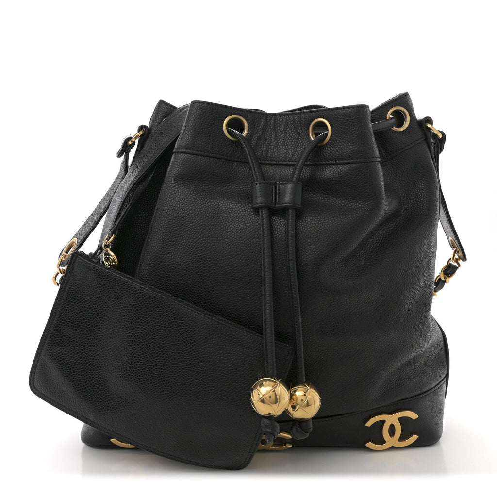 Caviar CC Drawstring Shoulder Bag Black