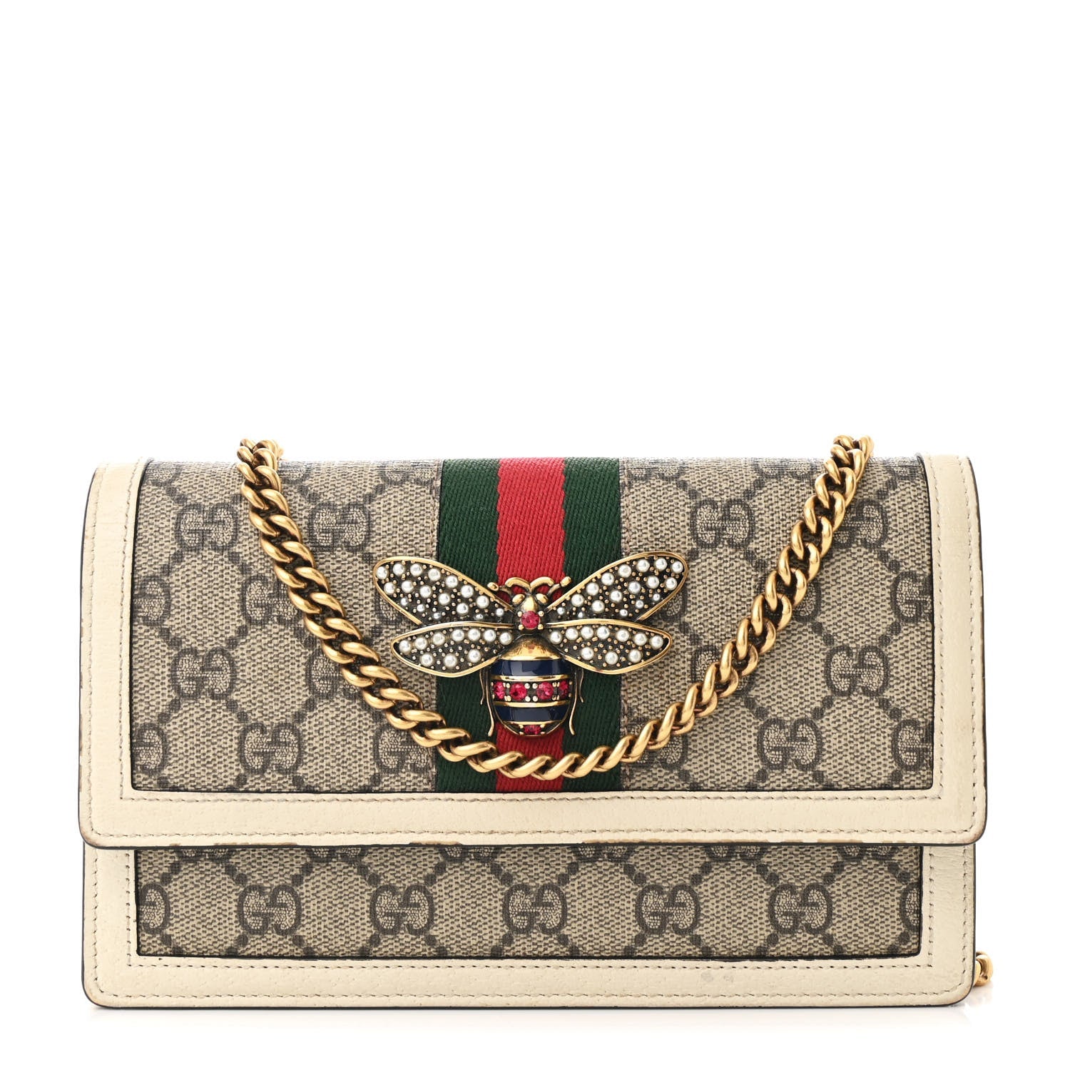 GG Supreme Monogram Web Queen Margaret Chain Wallet White