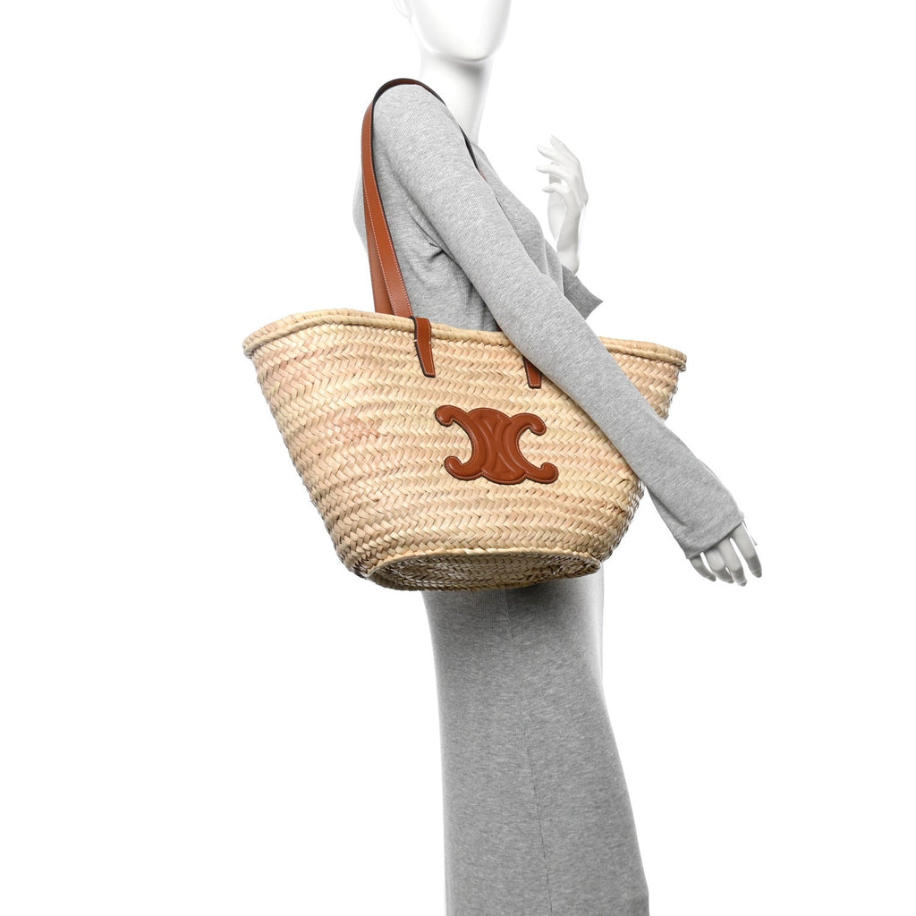 Raffia Calfskin Triomphe Medium Panier Tan
