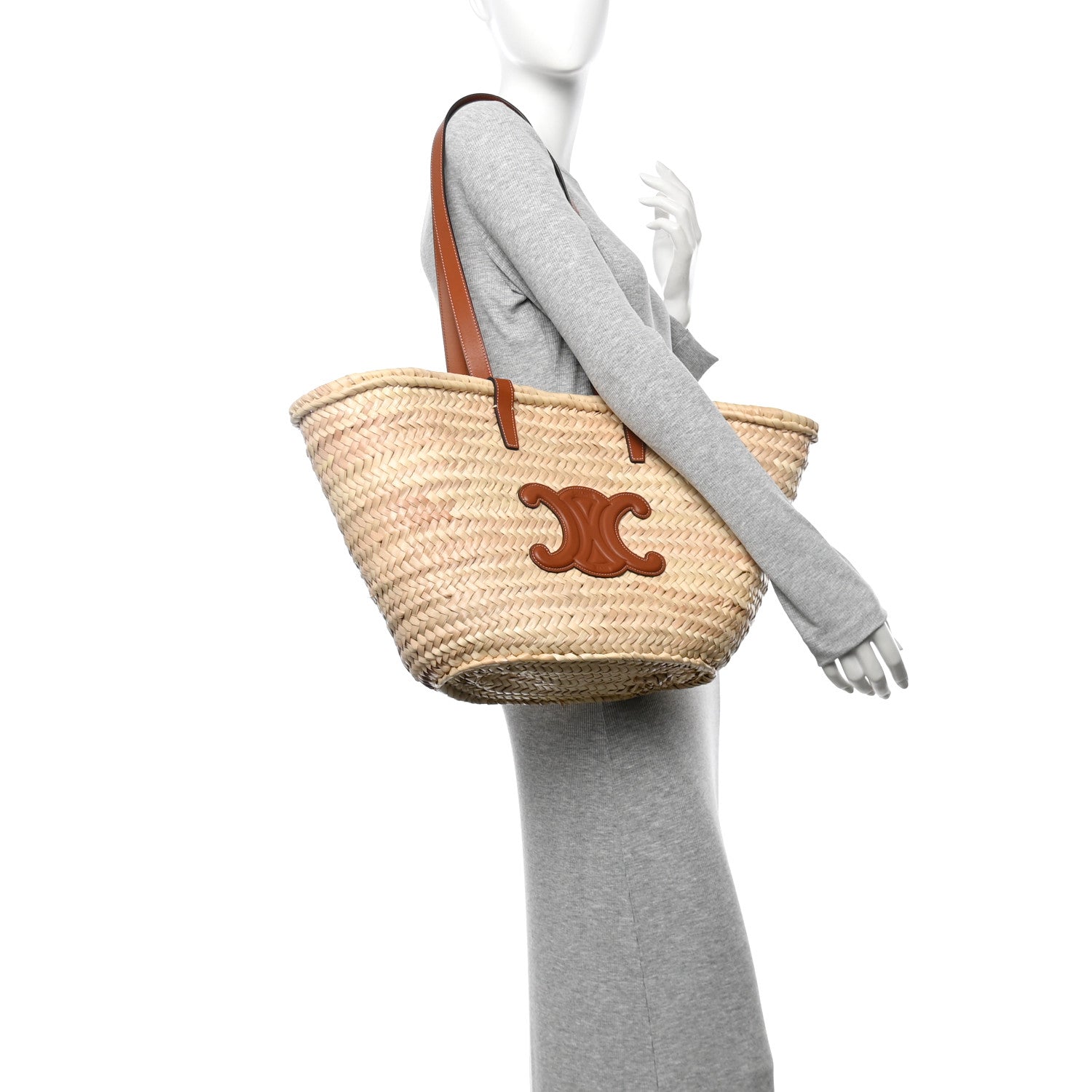 Raffia Calfskin Triomphe Medium Panier Tan