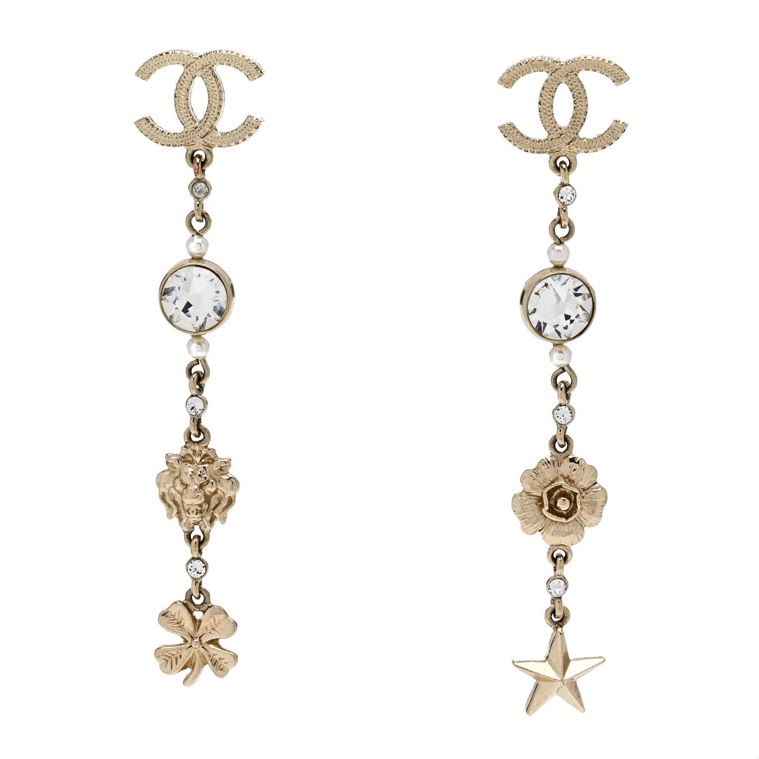 Crystal Pearl CC Charms Drop Earrings Gold