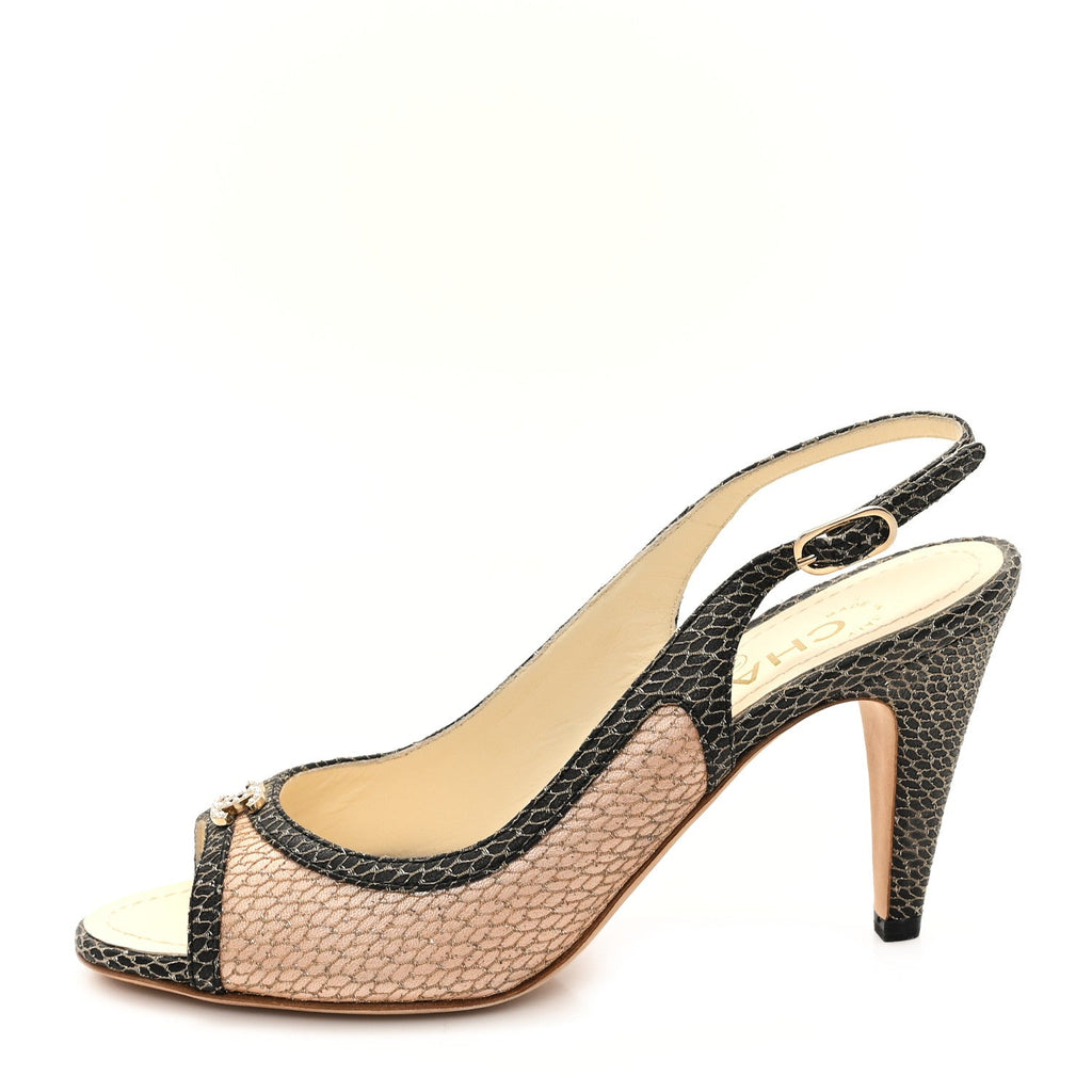 Calfskin Mesh Pearl CC Peep Toe Slingback Pumps 36 Salmon Black