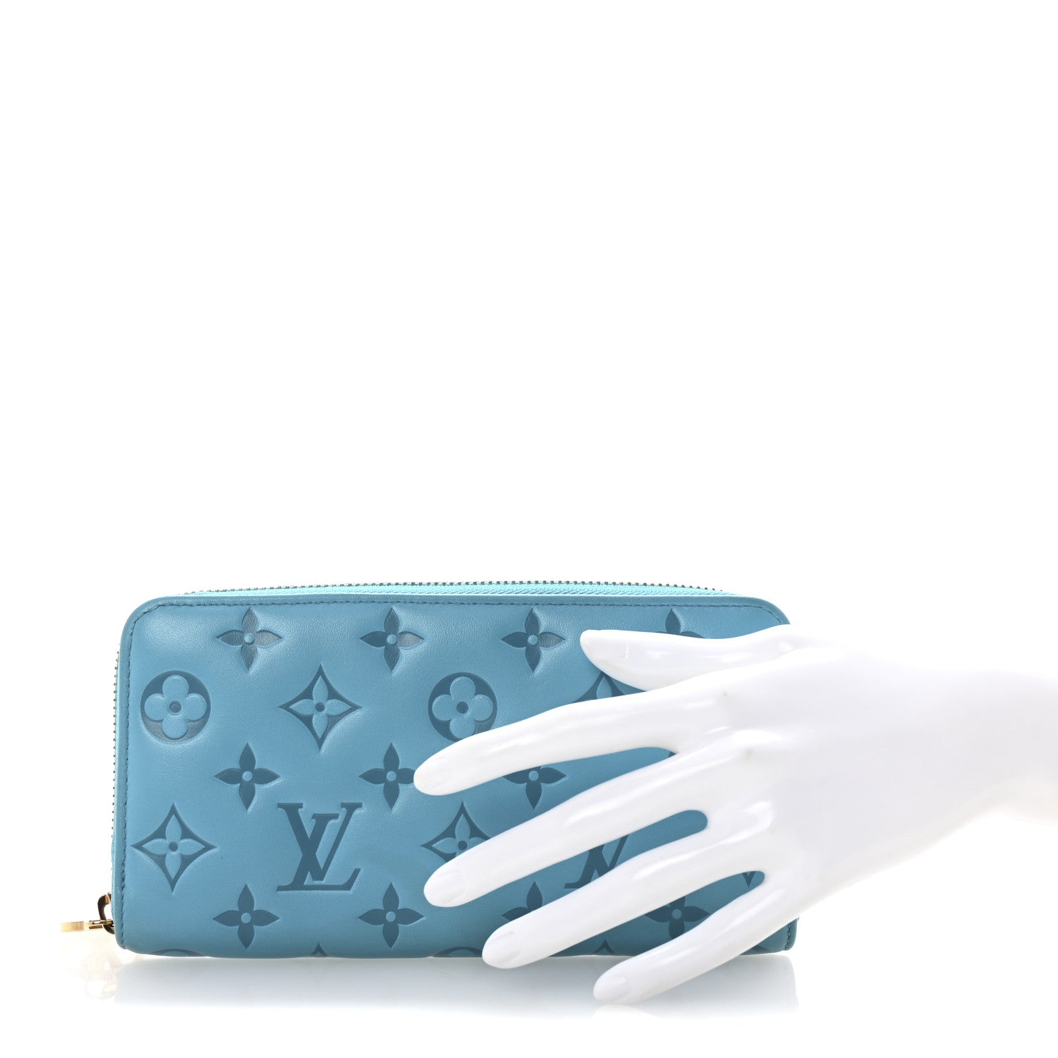 Lambskin Embossed Monogram Coussin Zippy Wallet Turquoise