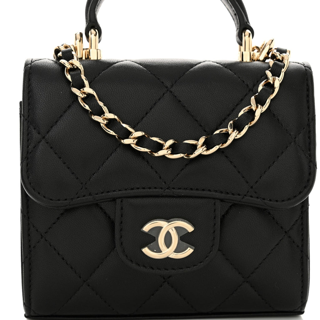Lambskin Quilted Top Handle Flap Clutch With Chain  Black