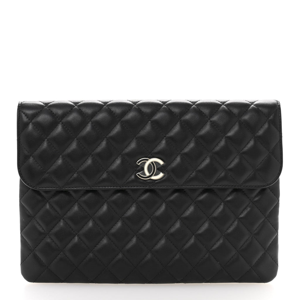 Lambskin Enamel Quilted Document Portfolio Holder Black