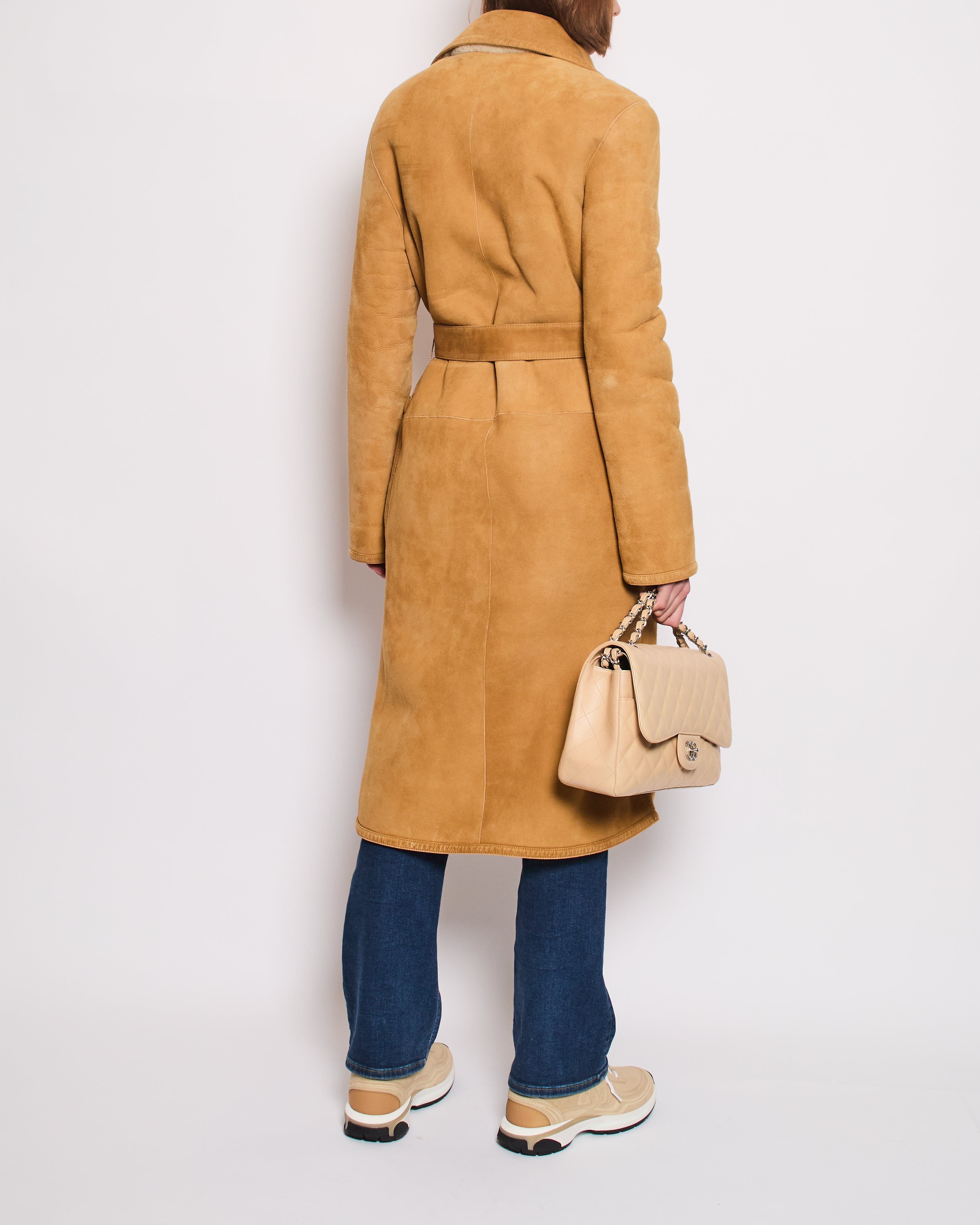 Christian Dior Tan and Cream Reversible Suede and Shearling Coat with Embroidered Logo and Belt Size FR 38 (UK 10)