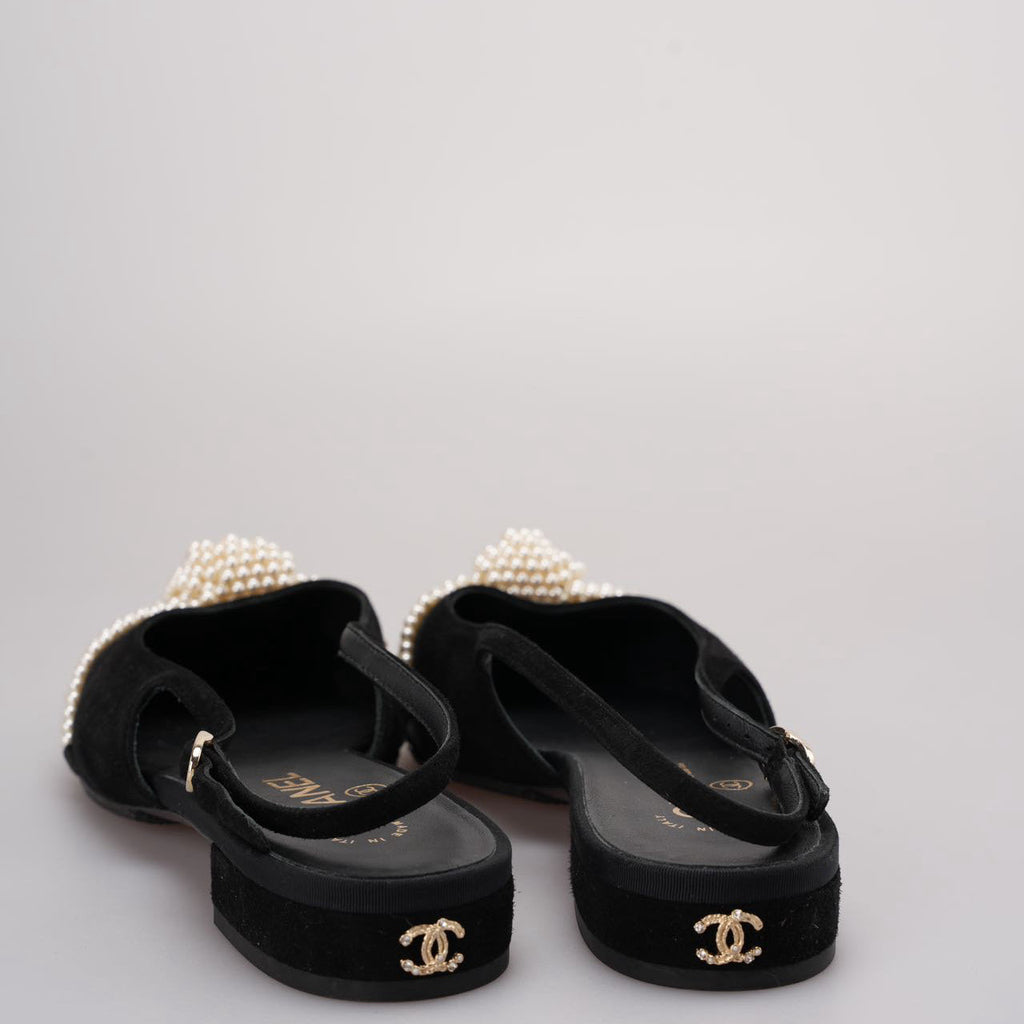 Chanel Slingback Satin Pearl Flats Black Size 37.5