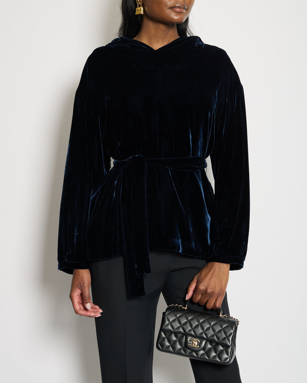 Christian Dior Navy Velvet Hooded Oversized Jumper with Tie Waist Detail Size FR 36 (UK 8)