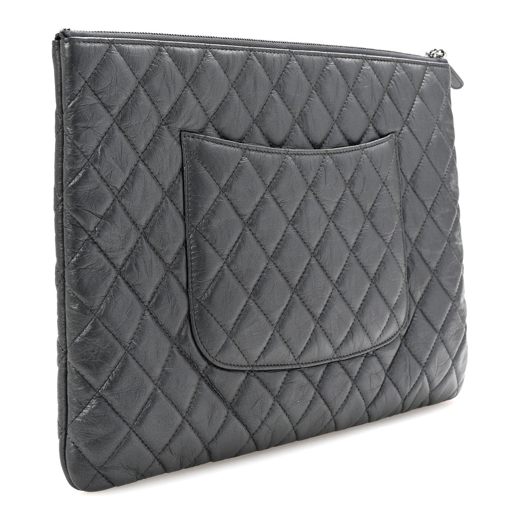 Aged Calfskin Quilted Large Tassel Cosmetic Case Dark Grey