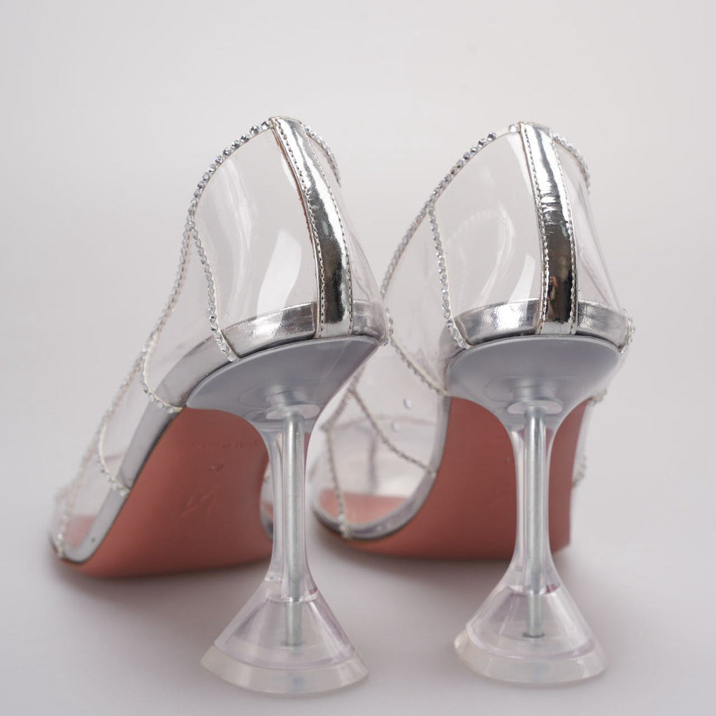Amina Muaddi Silver Crystal Embellished PVC Kitty Glass Pumps Size 38