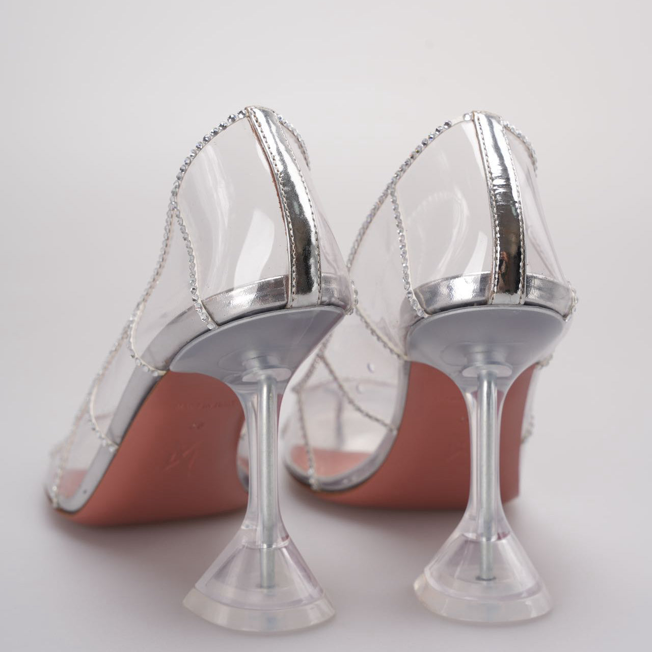 Amina Muaddi Silver Crystal Embellished PVC Kitty Glass Pumps Size 38