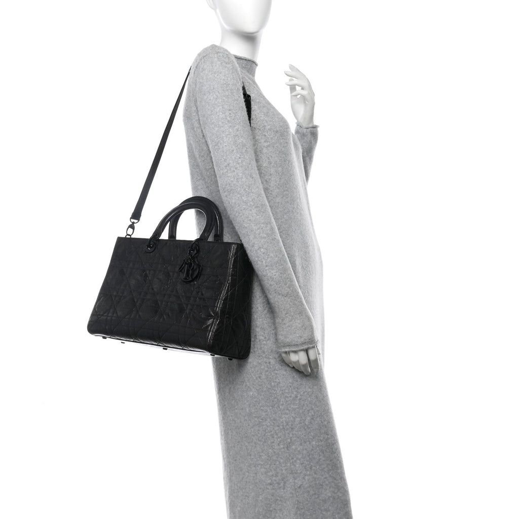 Crinkled Calfskin Large Lady D-Sire Tote Black