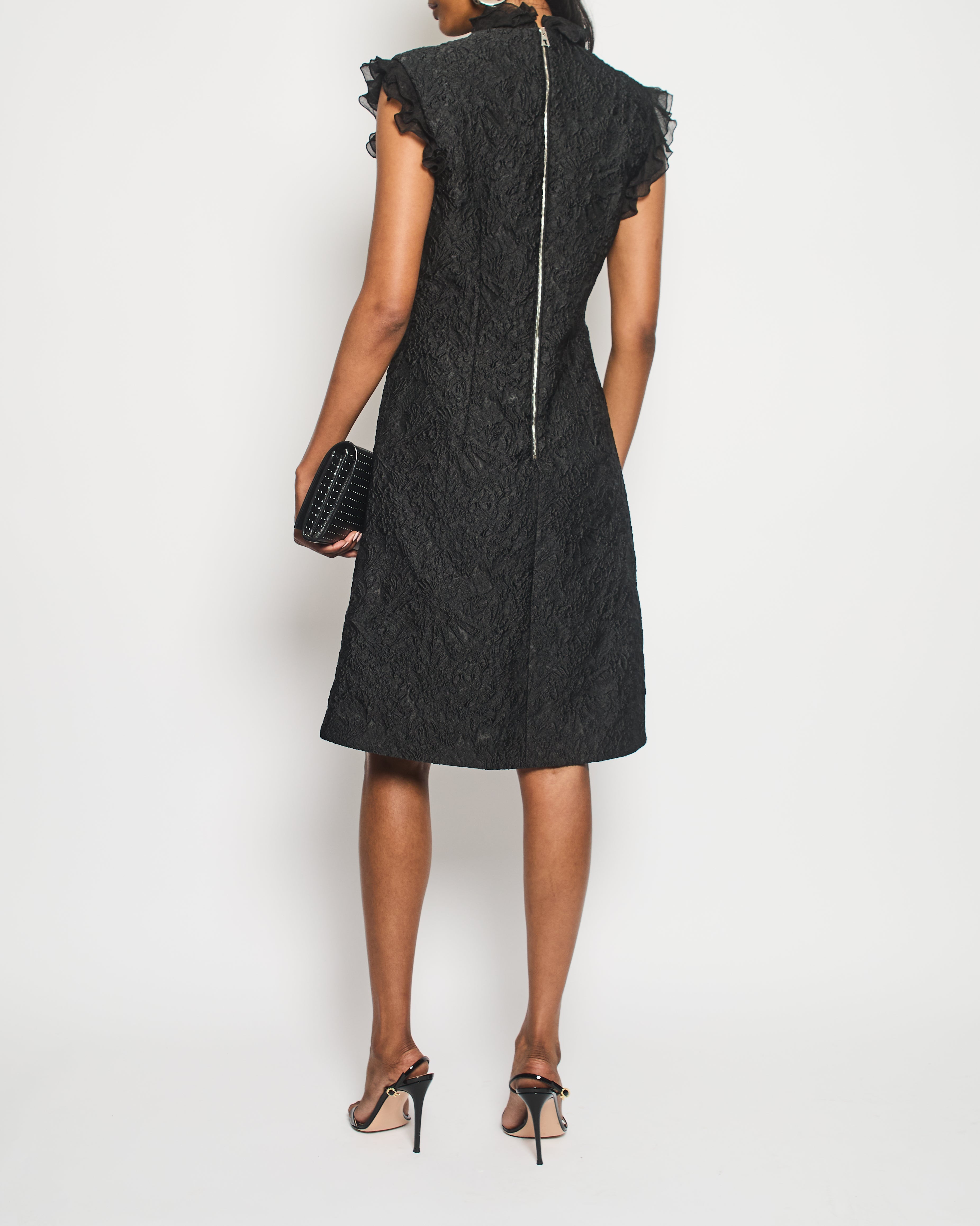 Louis Vuitton Black Textured Floral Midi Dress With Chiffon Frill Detail and Silver Logo Chain Hardware FR 38 (UK 10)