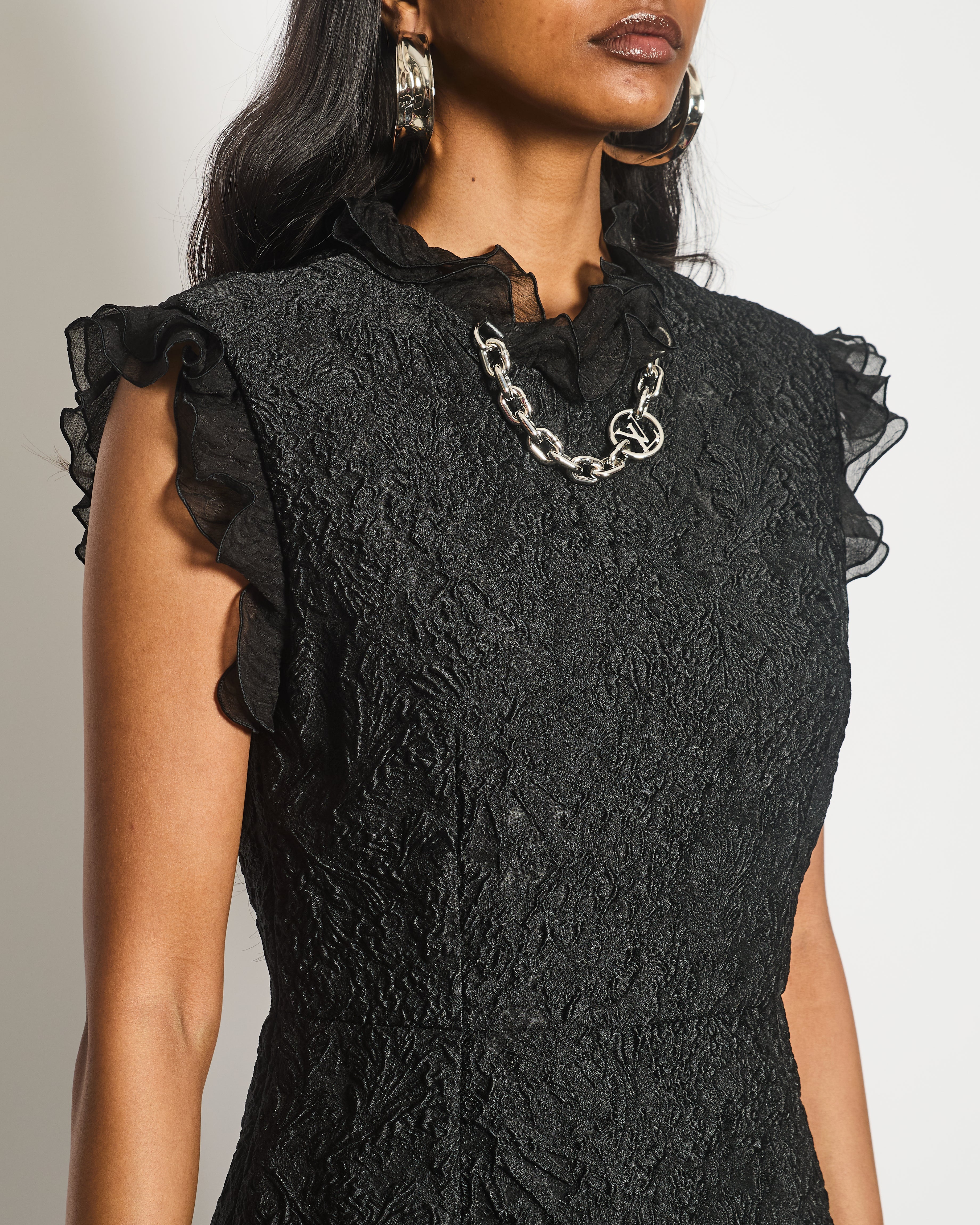 Louis Vuitton Black Textured Floral Midi Dress With Chiffon Frill Detail and Silver Logo Chain Hardware FR 38 (UK 10)