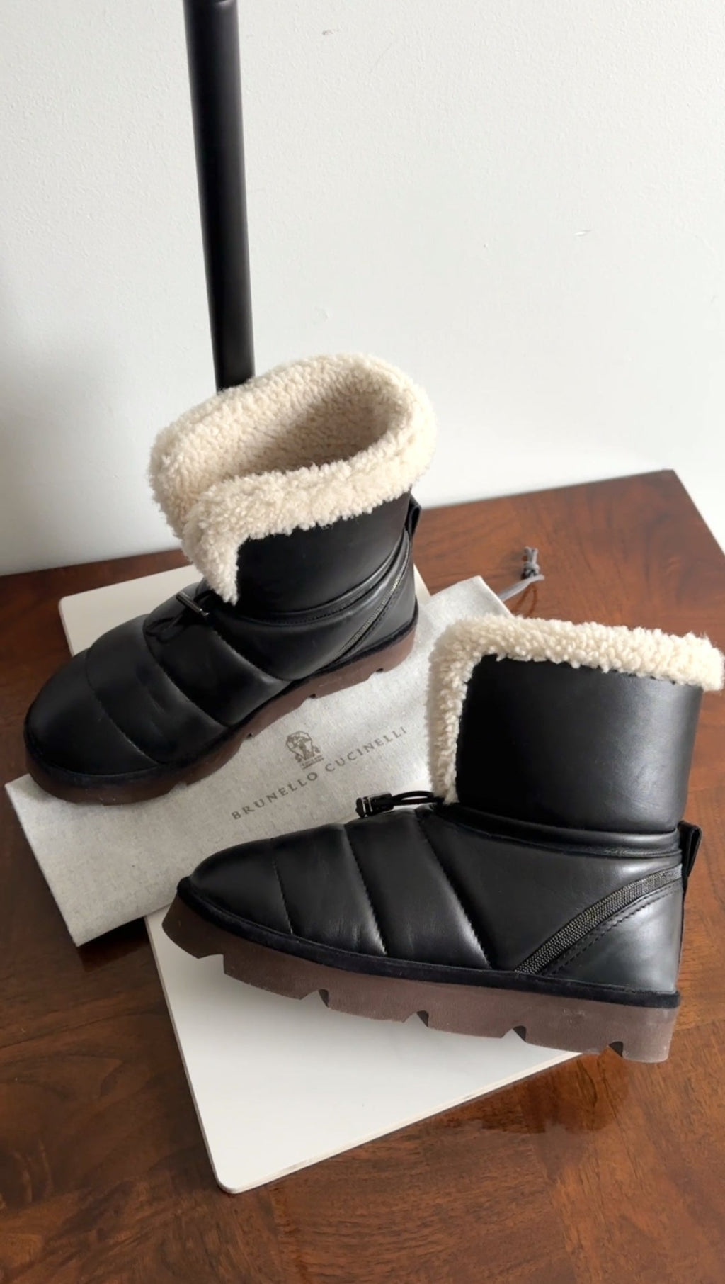 Brunello Cucinelli Black Leather Shearling Monili Boots - 37
