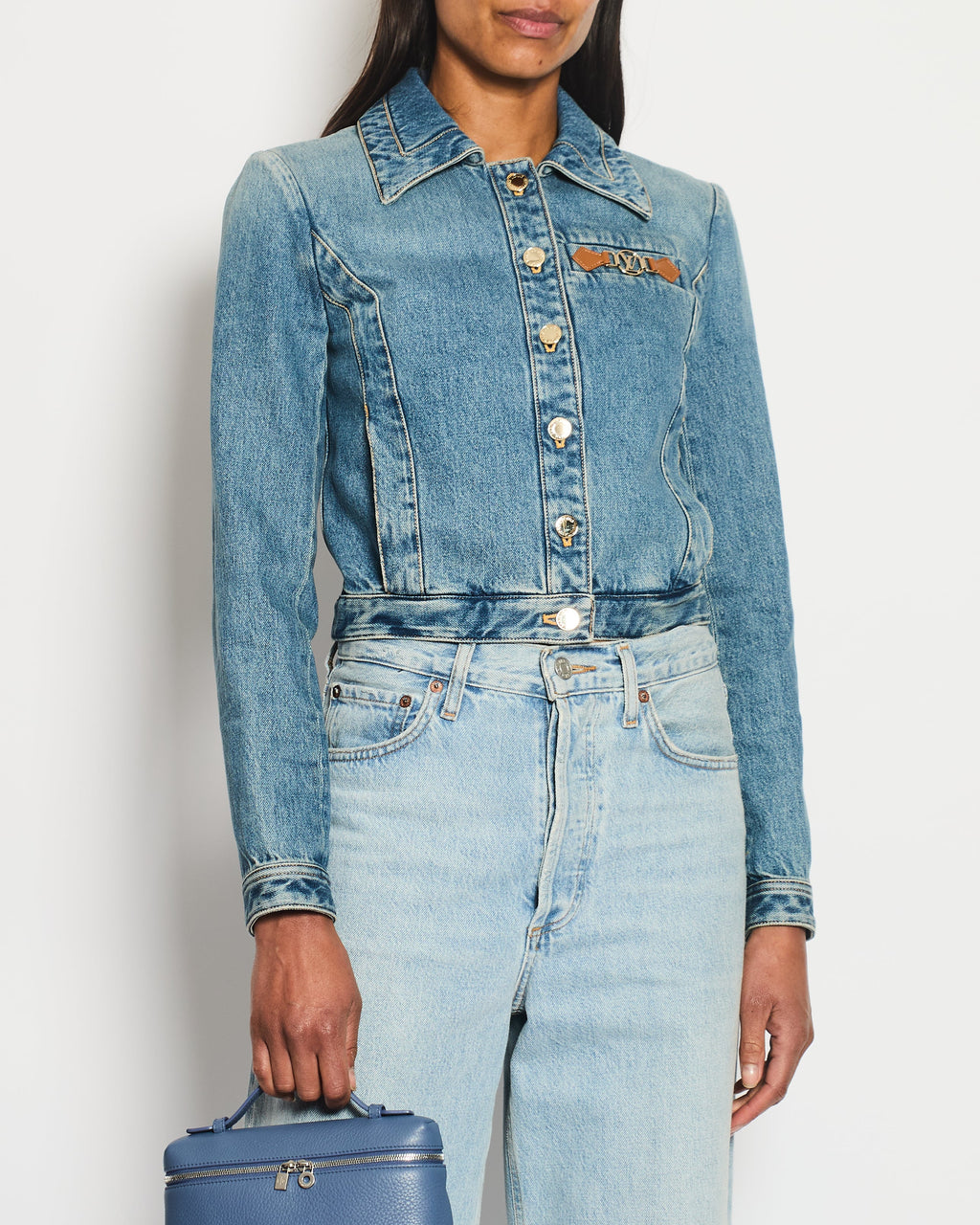 Louis Vuitton Blue Cropped Denim Jacket with Gold Logo Detail and Gold Buttons RRP £2,110 Size FR 34 (UK 6)