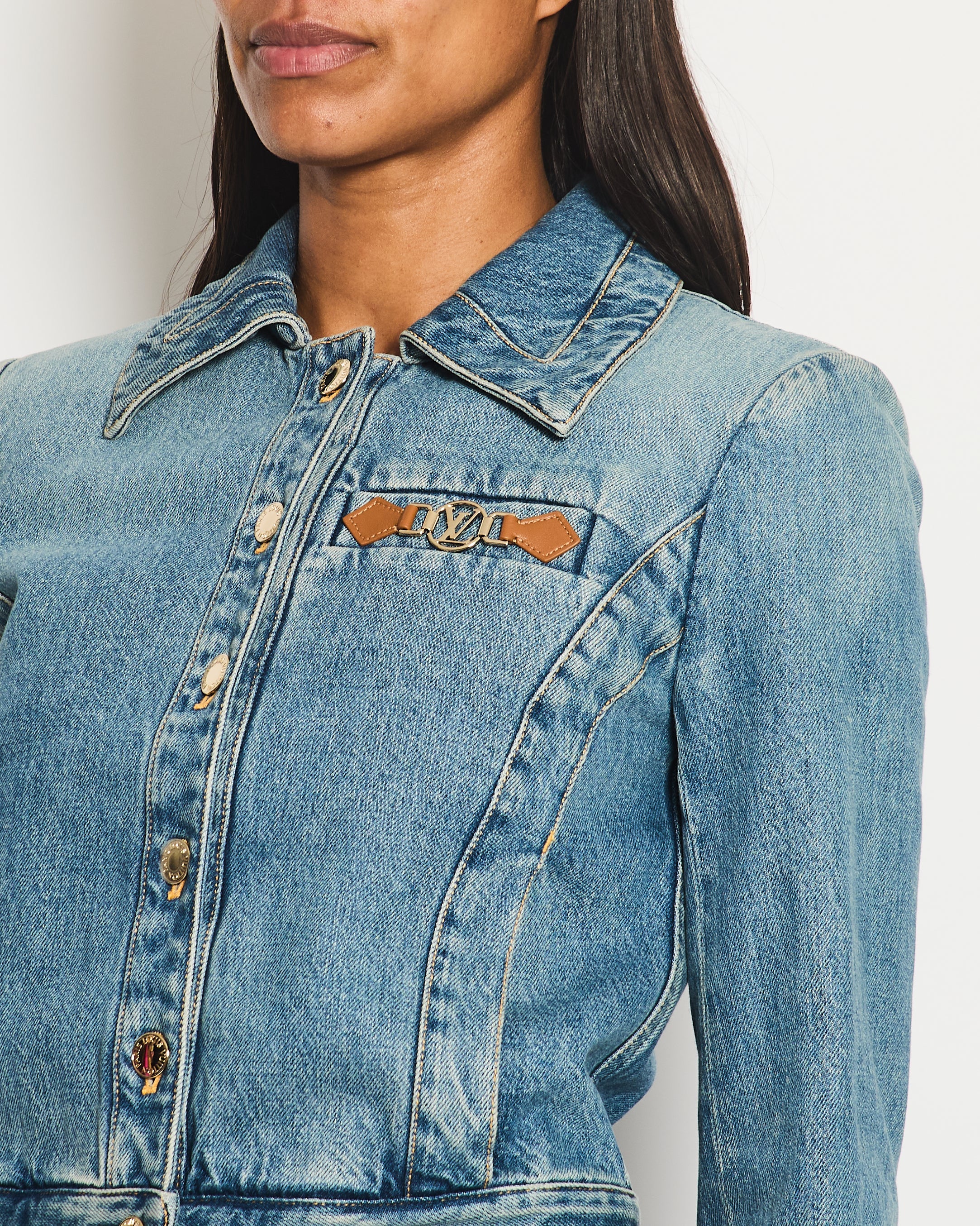 Louis Vuitton Blue Cropped Denim Jacket with Gold Logo Detail and Gold Buttons RRP £2,110 Size FR 34 (UK 6)