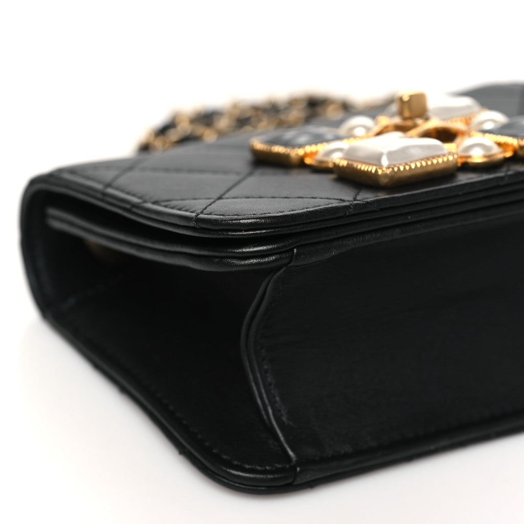 Calfskin Quilted Crystal Pearl Mini Flap Bag Black