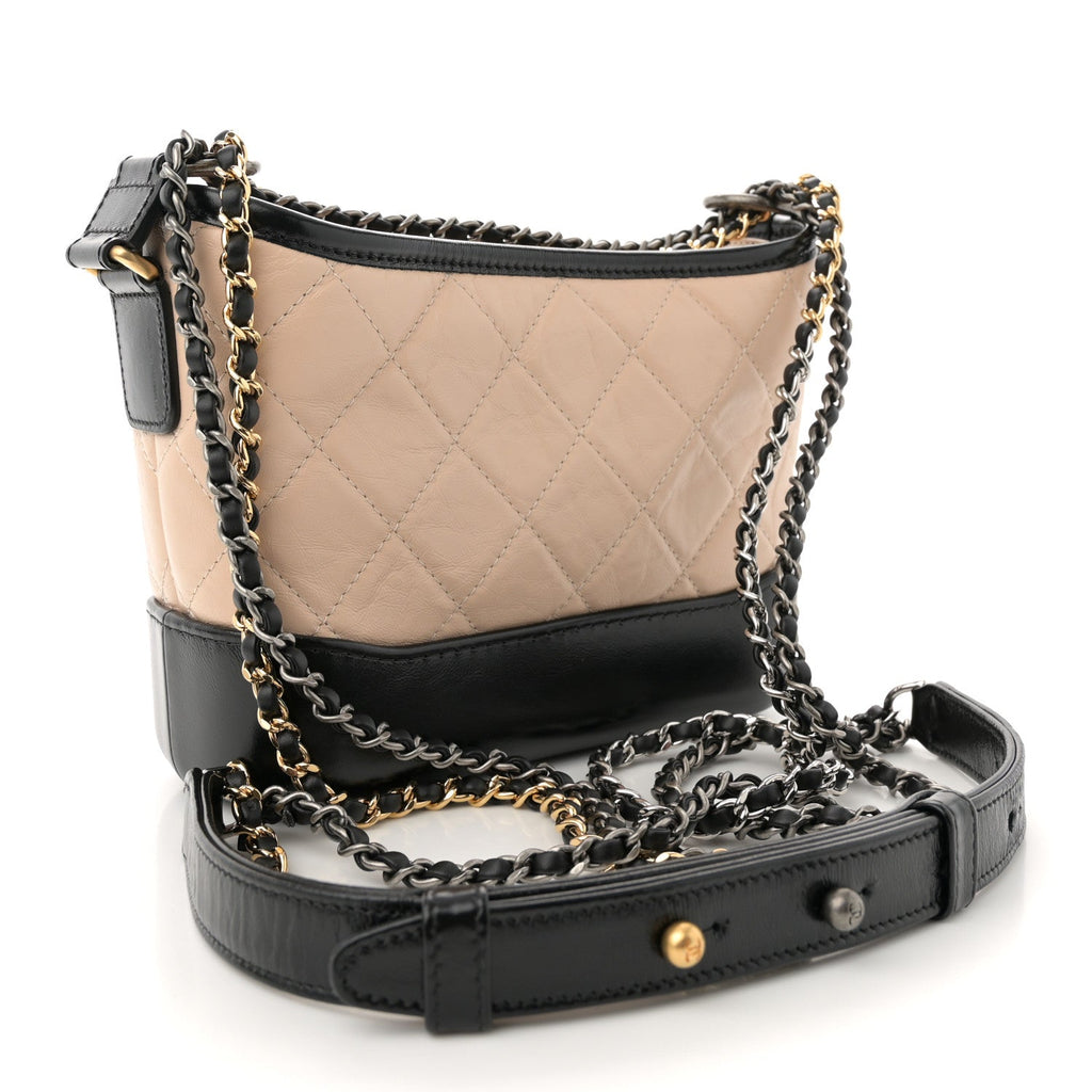 Aged Calfskin Quilted Small Gabrielle Hobo Beige Black