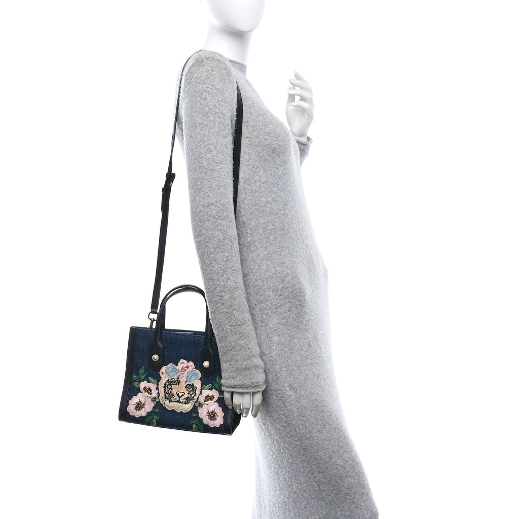 Denim Embroidered Tiger Tote Blue Multicolor