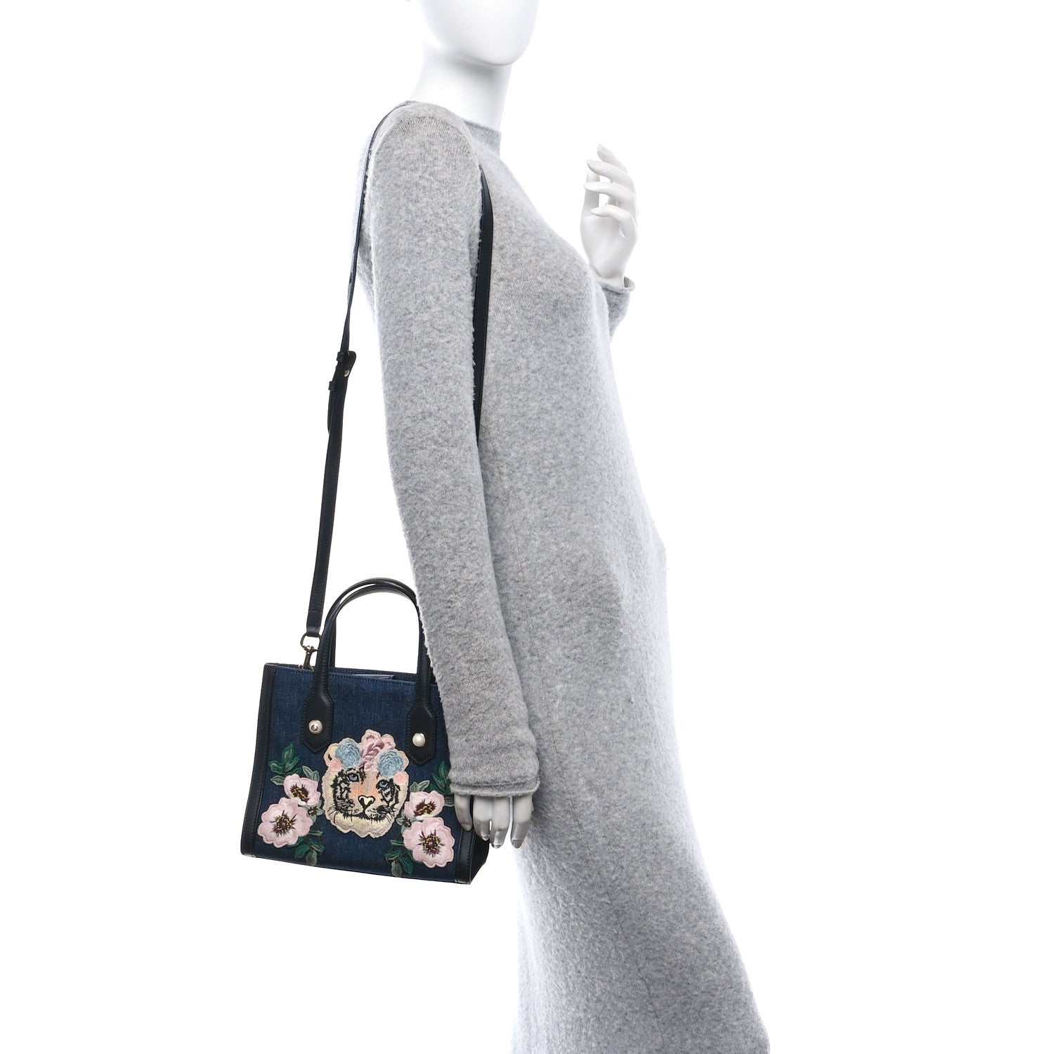 Denim Embroidered Tiger Tote Blue Multicolor