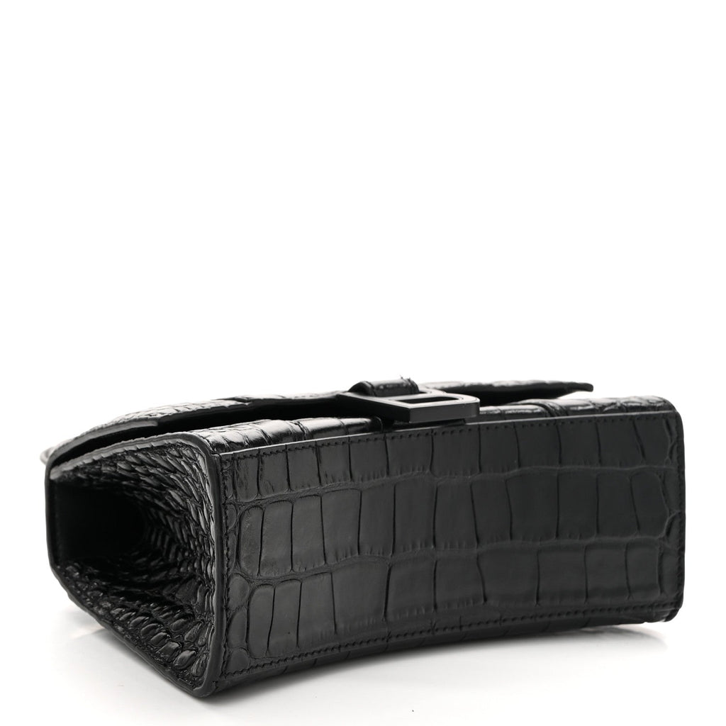 Shiny Calfskin Monochrome Crocodile Embossed Hourglass Top Handle Bag XS Black