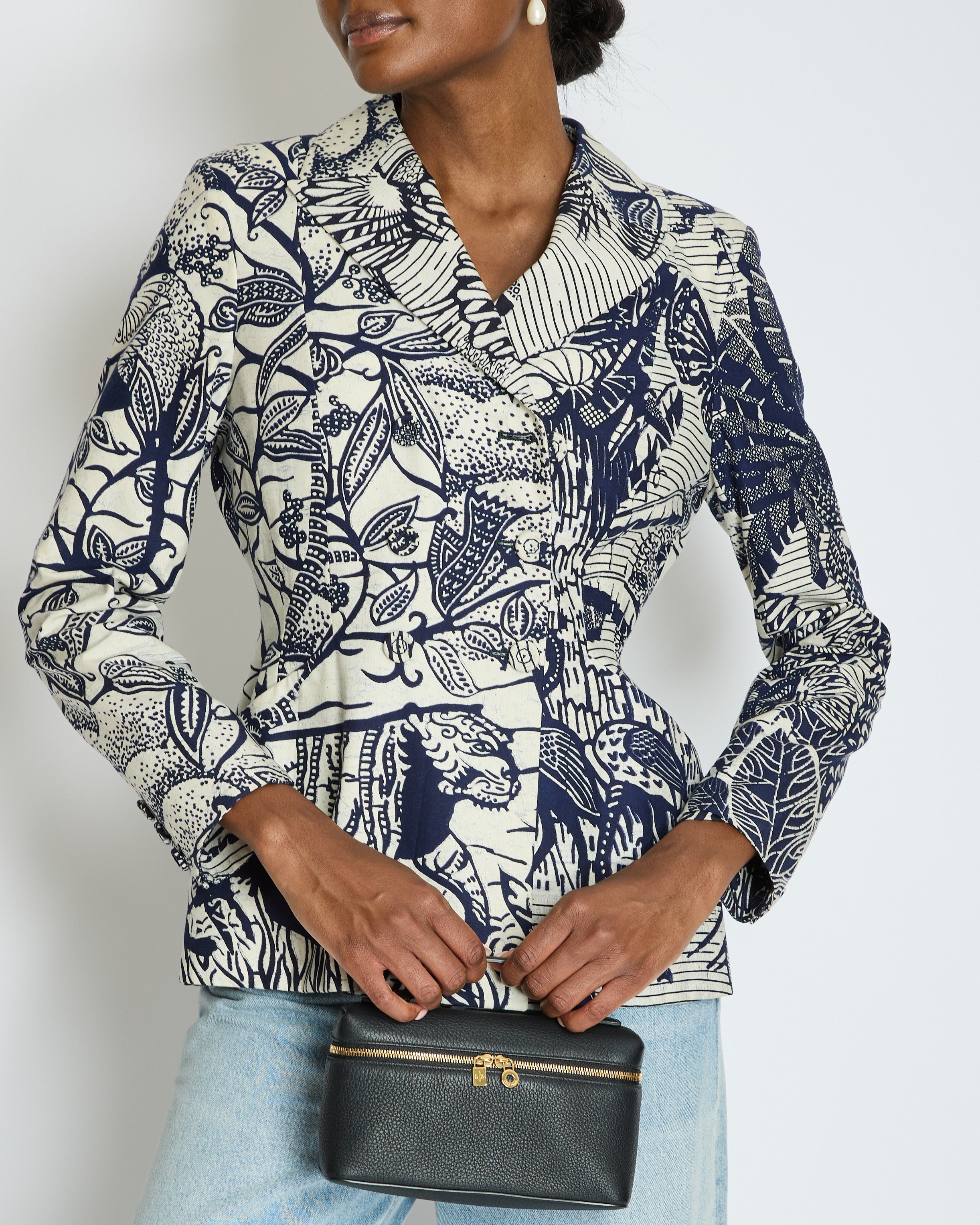 Christian Dior Cruise 2020 Cream and Blue Botanical Printed Button Down Bar Jacket Size FR 38 (UK 10)