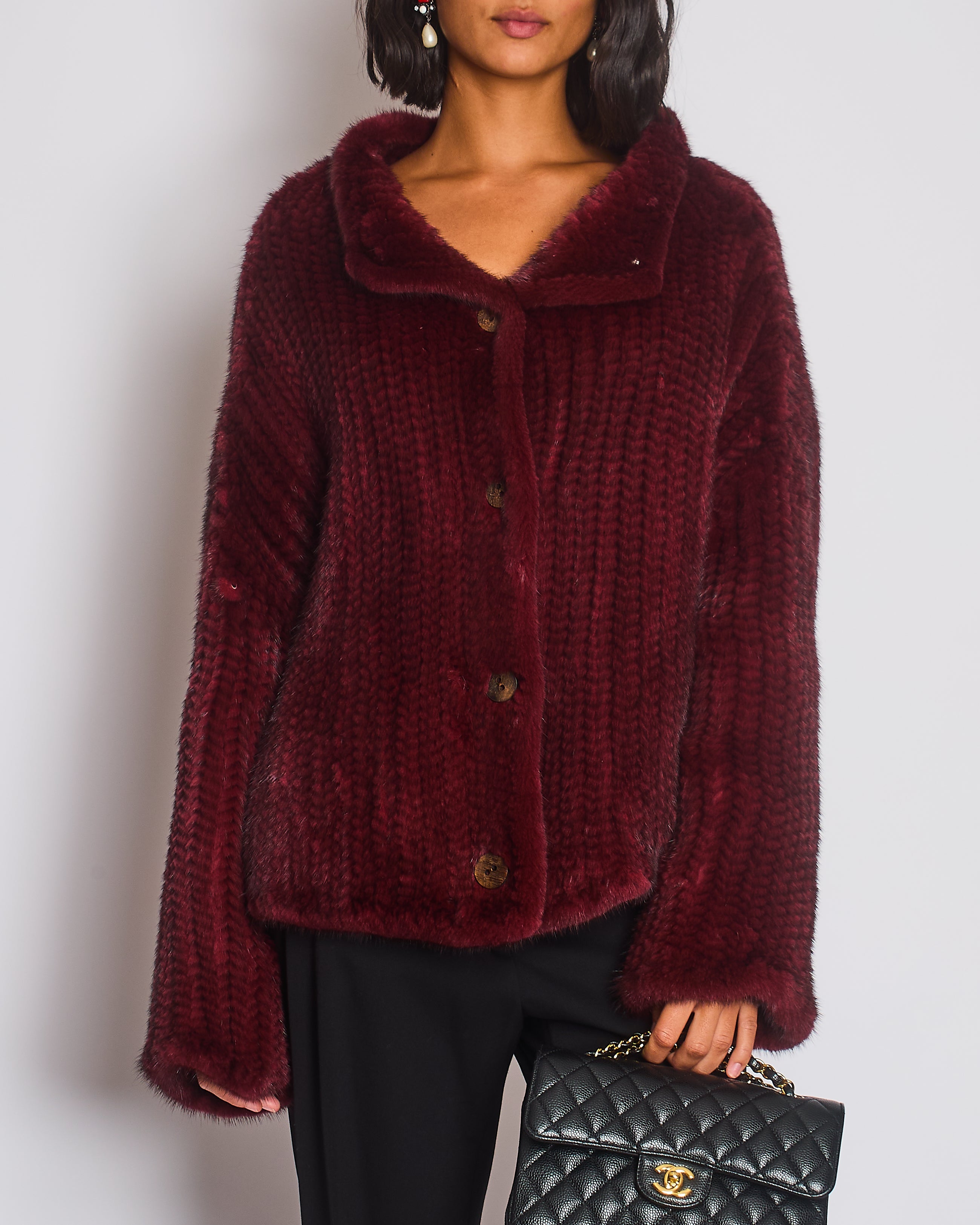 Christian Dior Burgundy Mink Long Sleeve Button Down Jumper with High Neck Size FR 38 (UK 10)